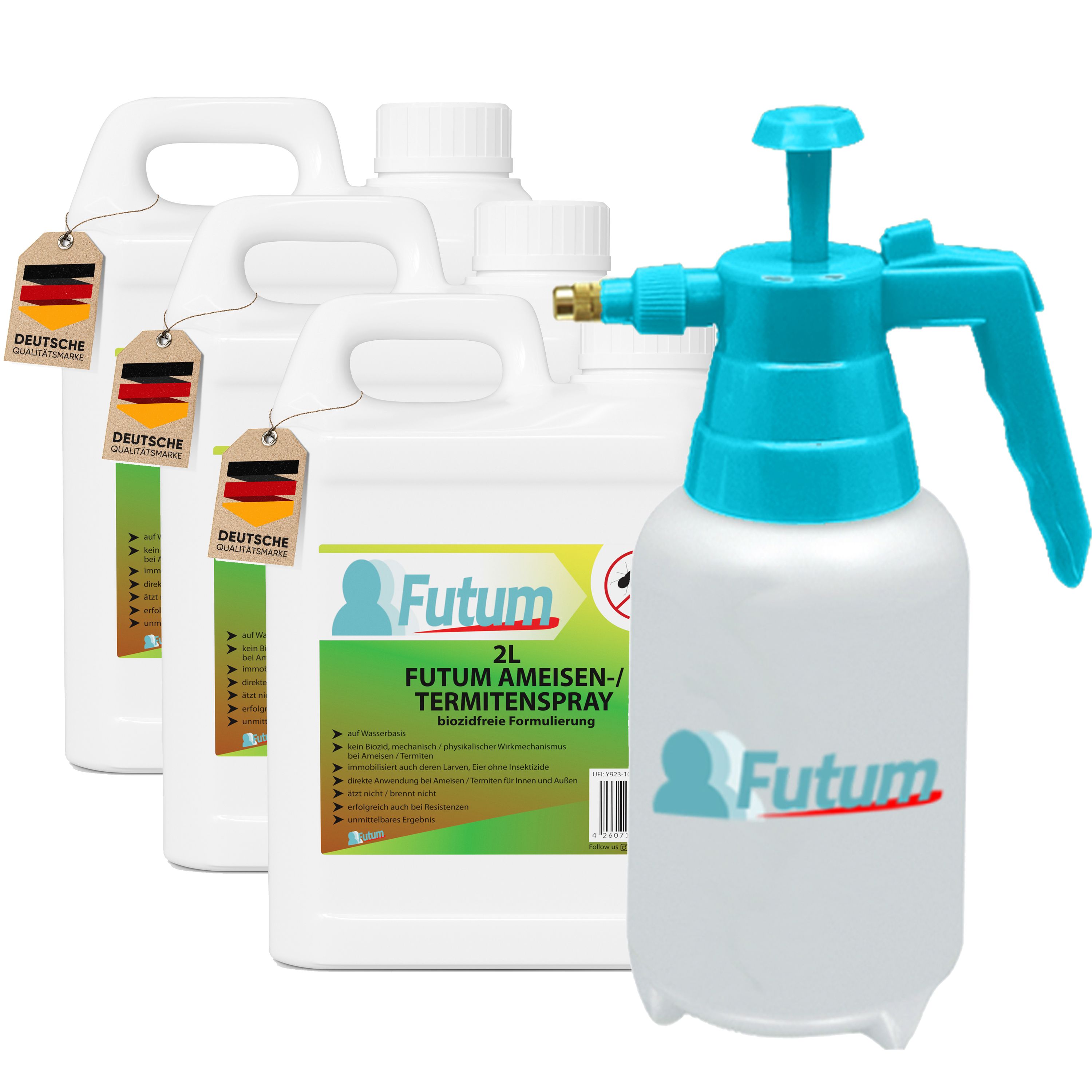 Drei weiße Kanister und ein Sprüher. Auf den Kanistern ist das Produkt FUTUM 2L Ameisen-/Termitenspray abgebildet. Der Sprüher hat einen blauen Griff.