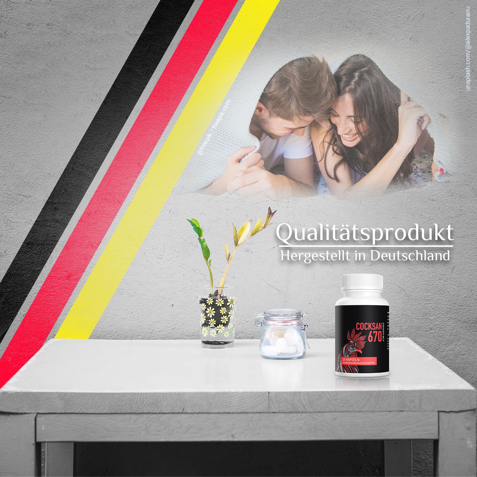 Weiße Flasche mit schwarzem Etikett: Cocksan 670. Text: Qualitätsprodukt, Hergestellt in Deutschland. Auf Tisch mit Deutschlandflagge.