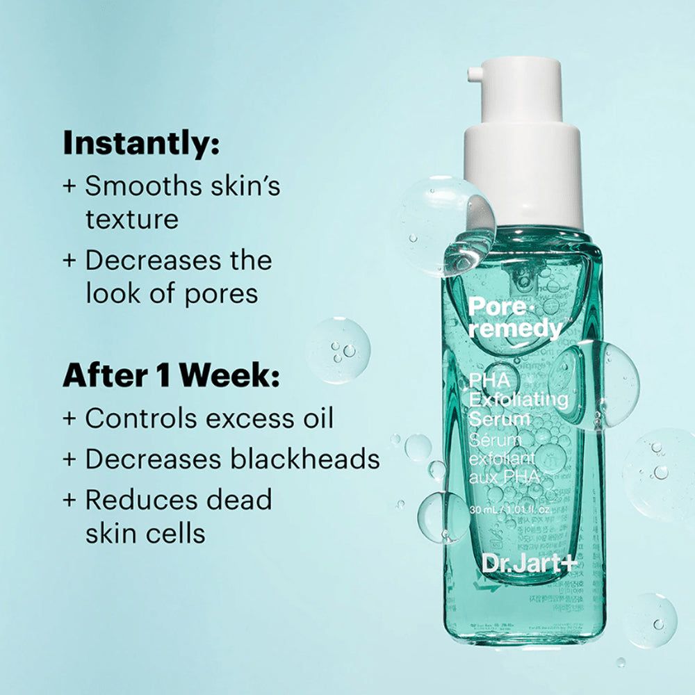 Serumflasche mit Text: Pore·remedy, PHA Exfoliating Serum, Dr.Jart+. Vorteile werden angezeigt.