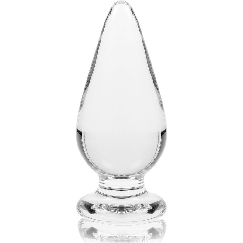 Transparenter Analplug aus Glas. Tropfenförmig, mit breiter Basis. Auf weißem Hintergrund.