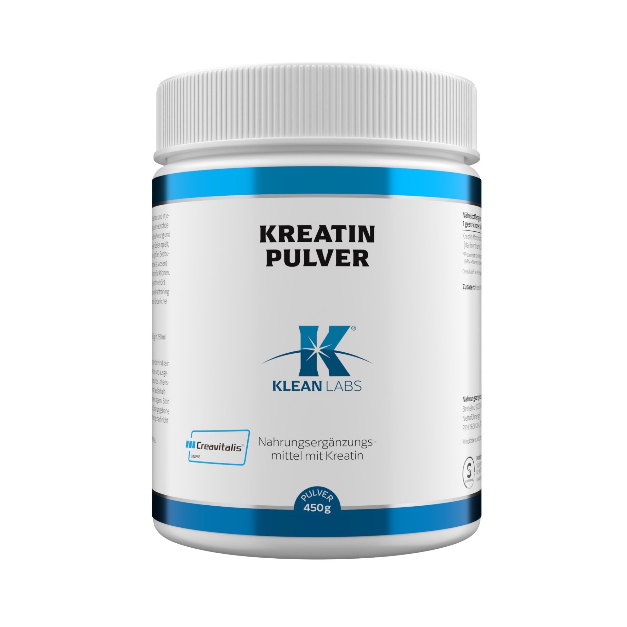 Weißes Supplement-Behälter mit blauem Deckel und Streifen. Aufschrift: Kreatin Pulver, Klean Labs, Creavitalis. 450g.