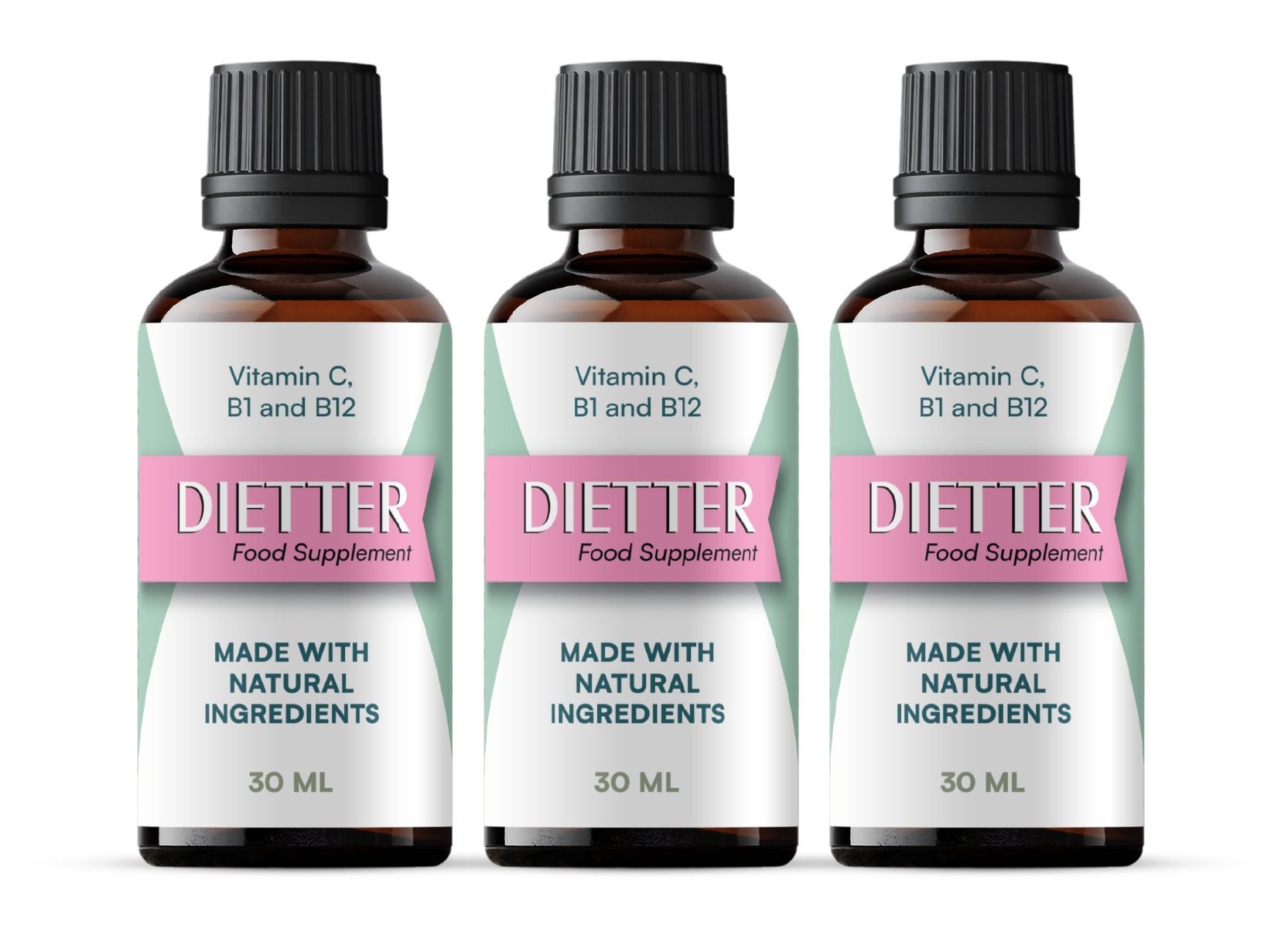 Drei braune Tropfflaschen mit Etiketten, die DIETTER Nahrungsergänzungsmittel anzeigen.