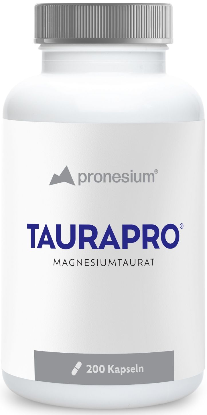 Weiße Flasche mit Kapseln. Aufschrift: pronesium TAURAPRO MAGNESIUMTAURAT. 200 Kapseln.