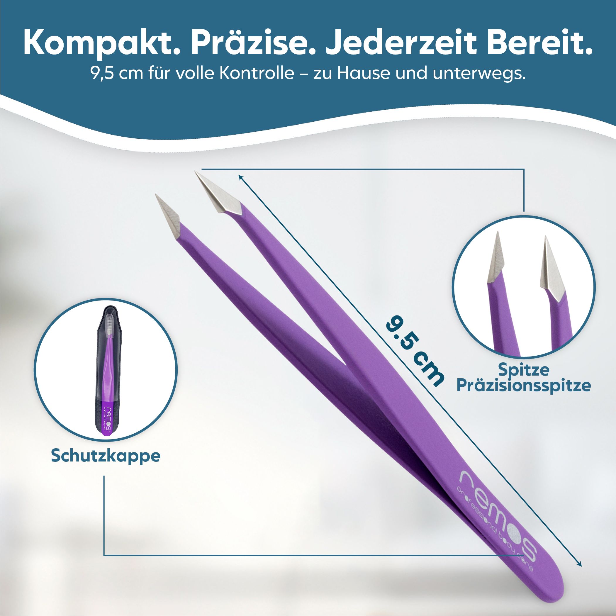 Lila Kombizange, 9,5 cm lang, mit schräger und spitzer Präzisionsspitze und Schutzkappe.