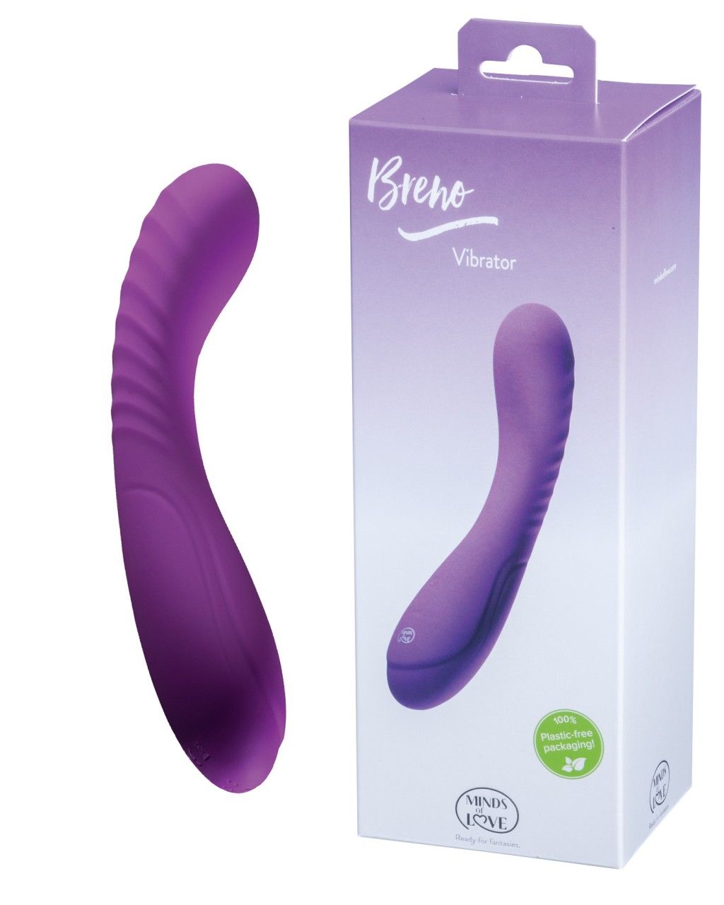 Lila Vibrator und Verpackung. Verpackung mit "Breno Vibrator" und Logo. Vibrator mit geriffelter Oberfläche.