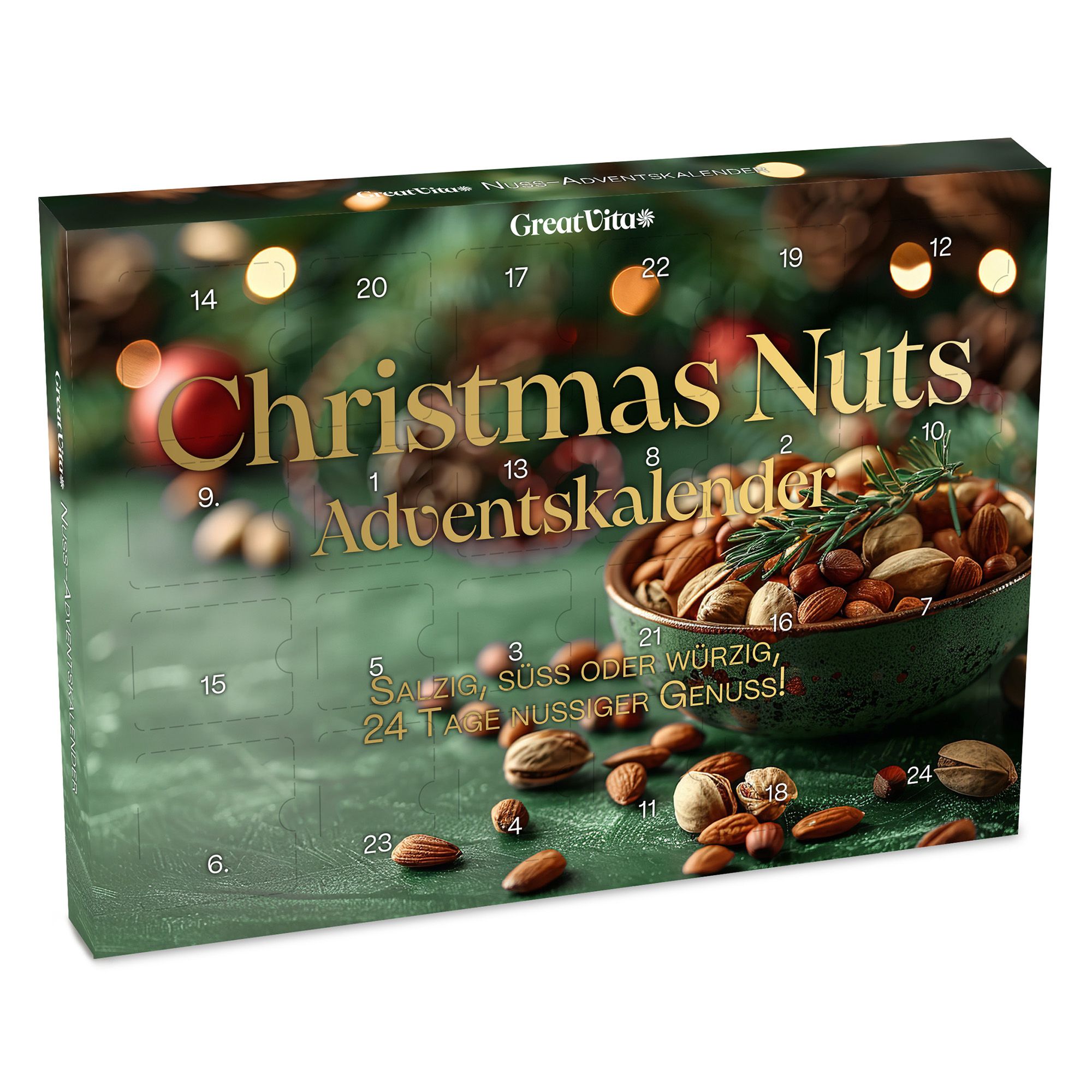 Christmas Nuts Adventskalender von Great Vita mit süßen, salzigen oder würzigen Nuss-Snacks.