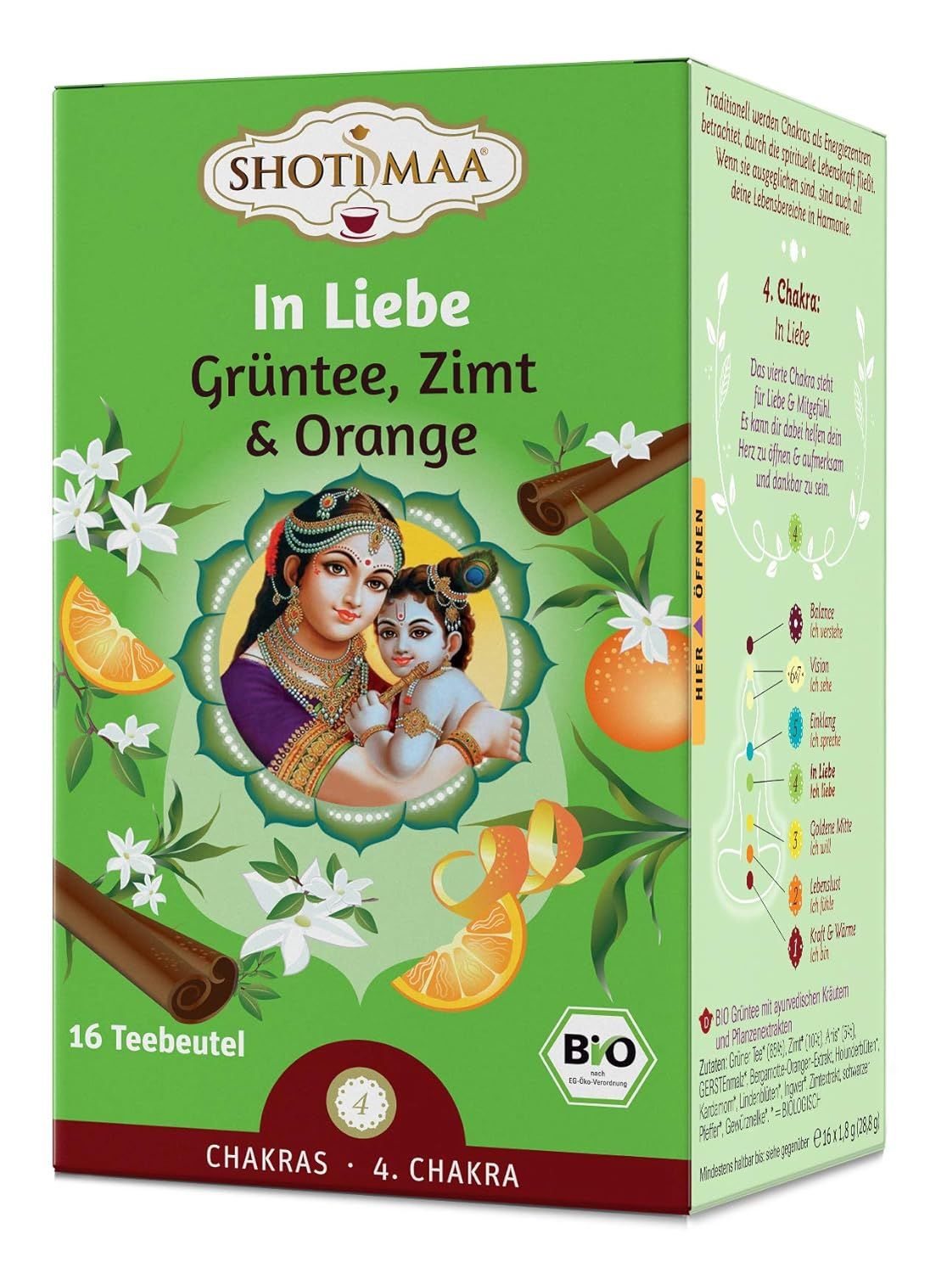 Shoti Maa Chakra Tee: Grüner Tee, Zimt & Orange. 16 Teebeutel. Bio-Siegel und Chakren-Symbol.