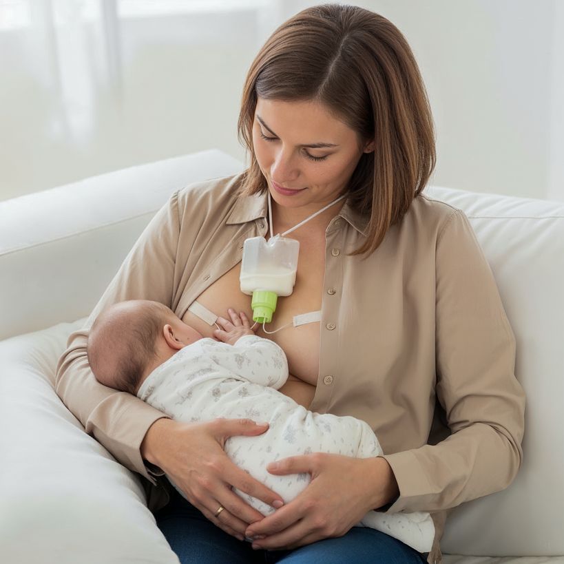 Frau stillt Baby, mit Ardo SNS Brusternährungsset. Behälter am BH befestigt, Schlauch zur Brustwarze. Baby im Arm.