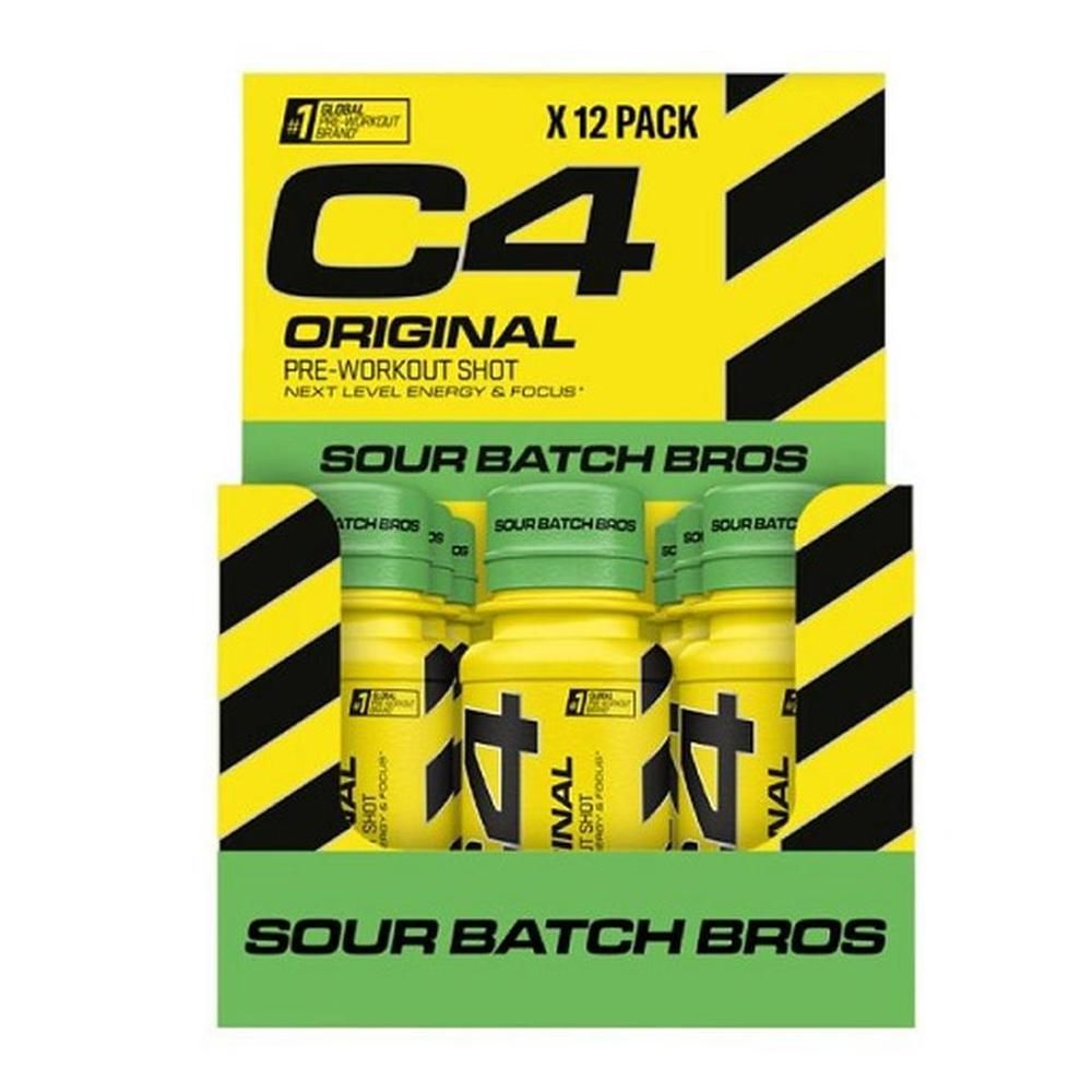 Verpackung mit 12 C4 Original Pre-Workout Shots. Gelb-grüne Verpackung mit Produktnamen und Geschmacksrichtung Sour Batch Bros.