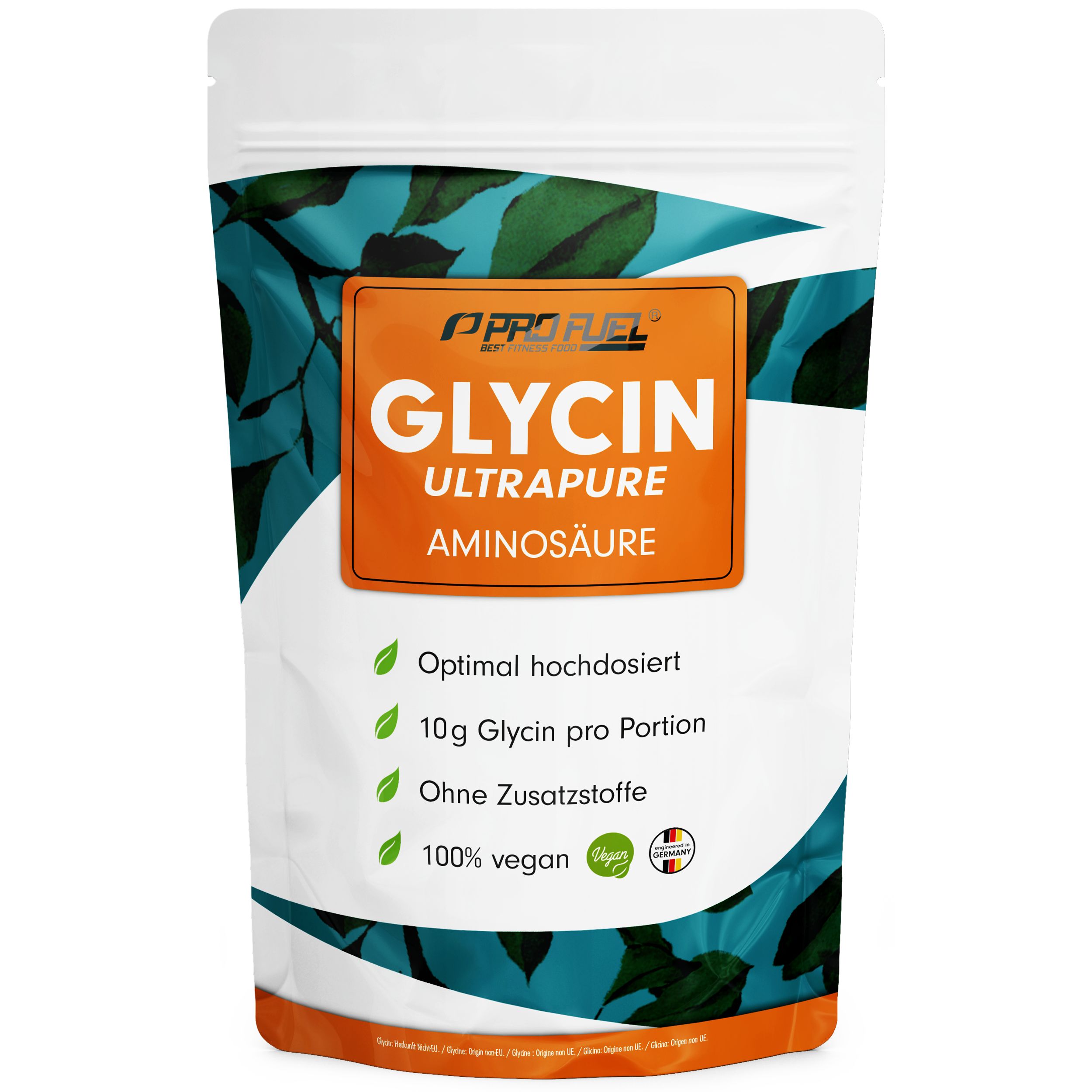 Produktverpackung mit Glycin-Pulver. Enthält 10g Glycin pro Portion, ohne Zusatzstoffe, 100% vegan. Mit Zertifizierung.