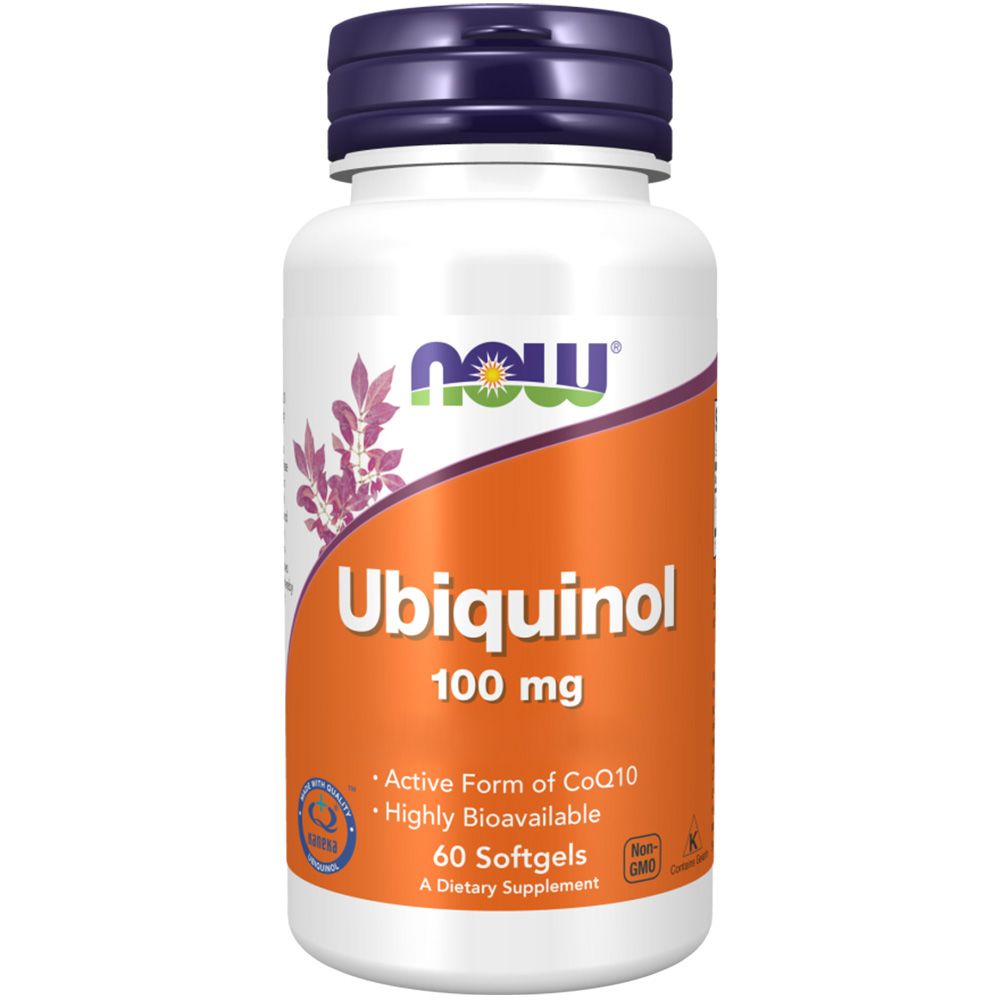 Weiße Flasche mit lila Deckel. Orangefarbenes Etikett mit Text: Ubiquinol 100 mg, 60 Softgels. Marke: NOW.