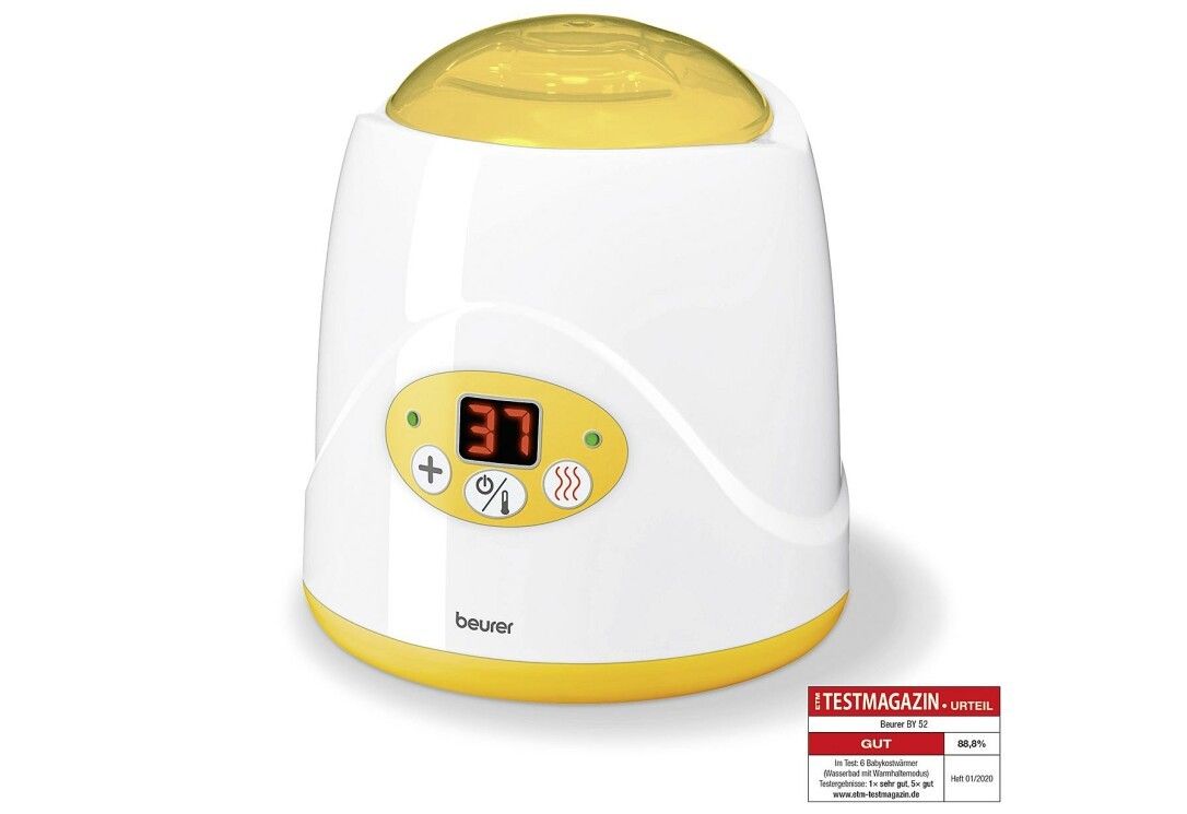 Weiß-gelber Babykost- und Flaschenwärmer. Digitalanzeige mit Temperatur. Marke: Beurer. Testmagazin-Auszeichnung.