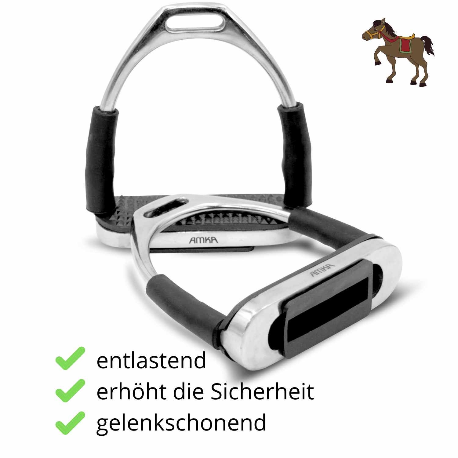 Steigbügel mit AMKA-Logo. Text: entlastend, erhöht die Sicherheit, gelenkschonend. Pferd-Icon.
