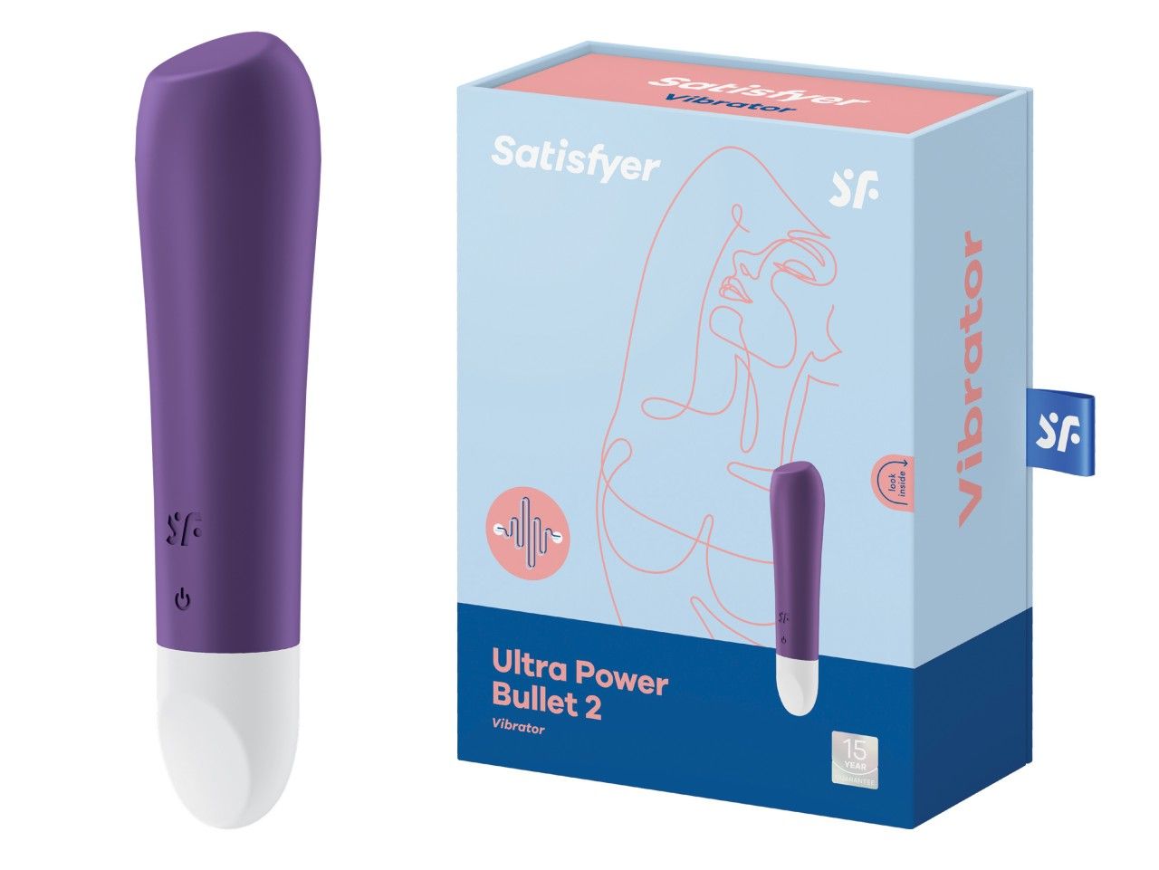 Vibrator und Verpackung nebeneinander. Lila Vibrator mit weißer Spitze. Hellblaue Schachtel mit Logo.
