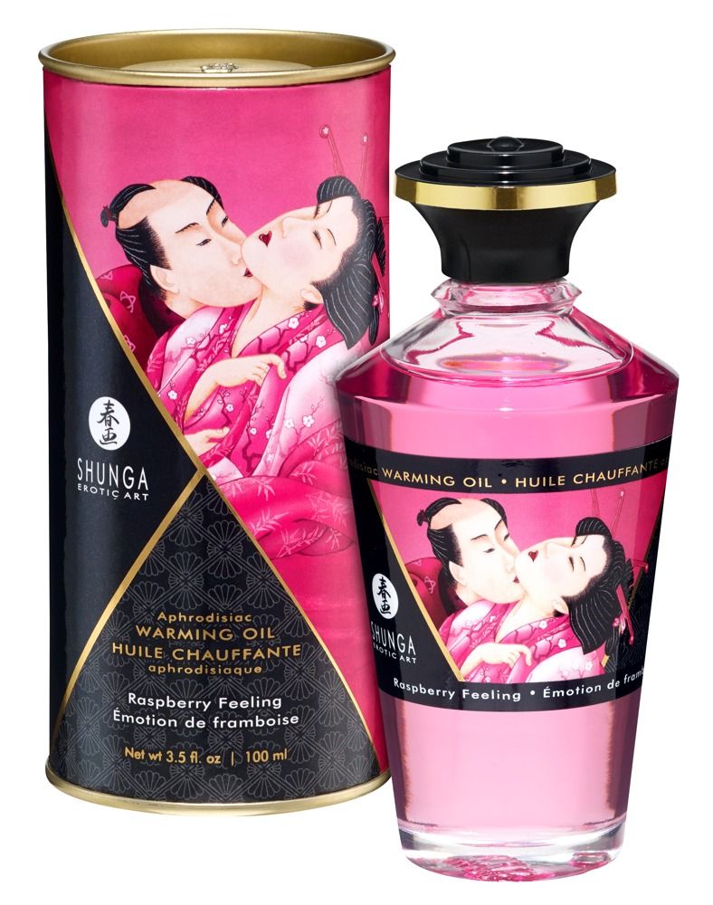 Rosa Massageöl-Flasche und Dose. Aufschrift: Shunga, Himbeer-Aroma. Abbildung: küssendes Paar. Dose: zylindrisch, schwarz-rosa.