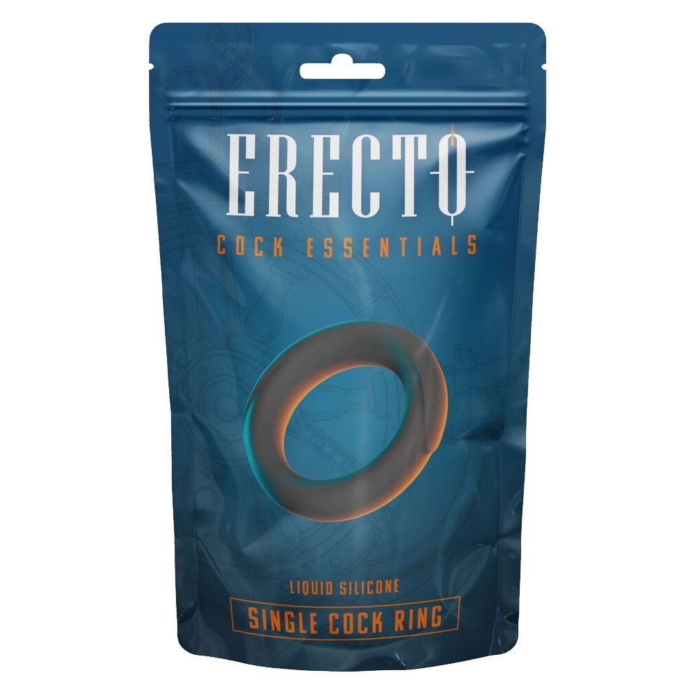 Verpackung mit Cockring. Aufschrift: ERECTO, Cock Essentials, Liquid Silicone, Single Cock Ring. Ring in Grau und Orange.