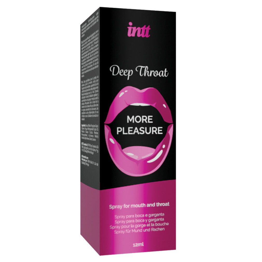 Schwarze Verpackung mit Produktnamen und Lippen-Grafik. Text: Deep Throat, More Pleasure. 12ml.