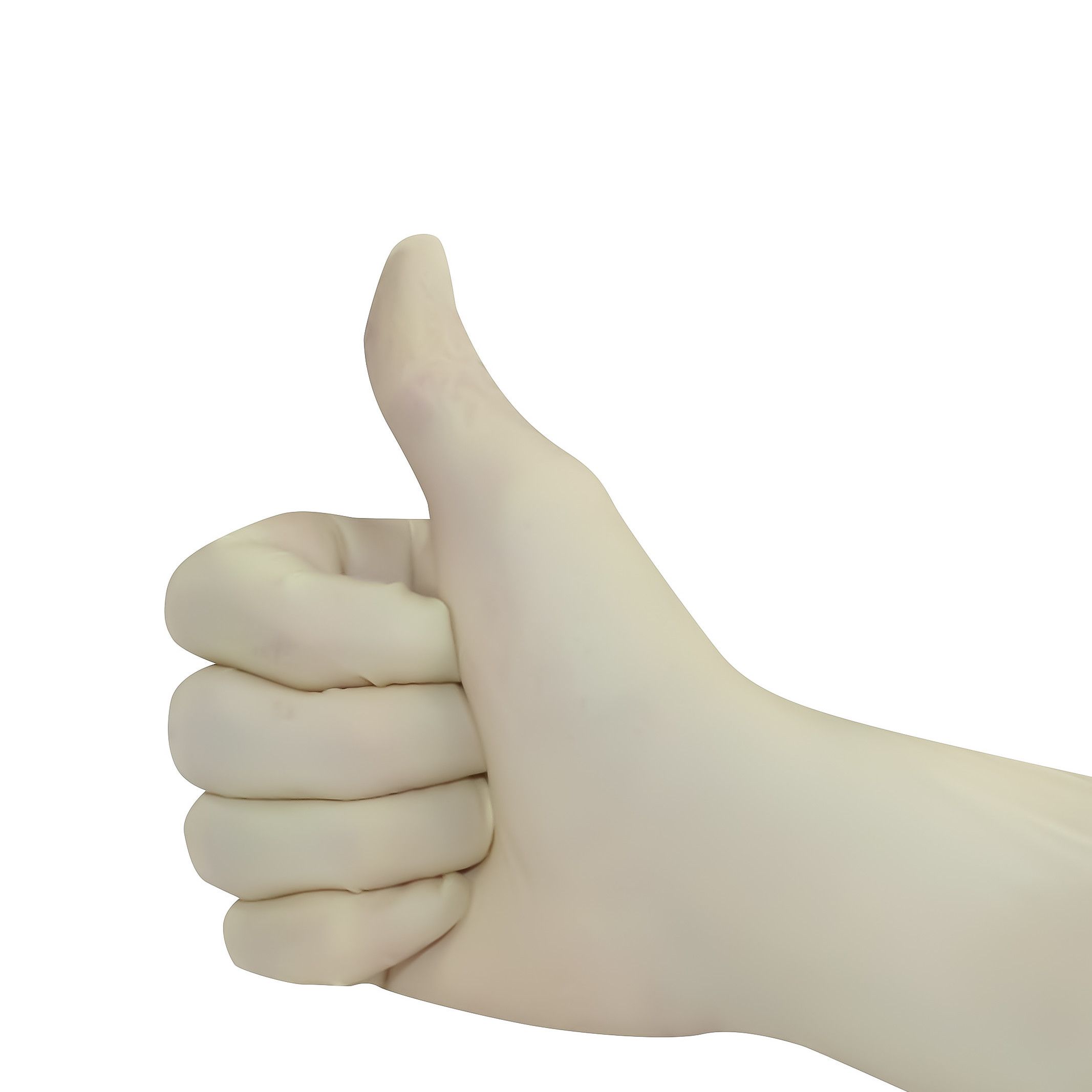 Hand mit Latex-Handschuh, Daumen hoch. Hautfarbener Handschuh, Daumen nach oben. Weißer Hintergrund.