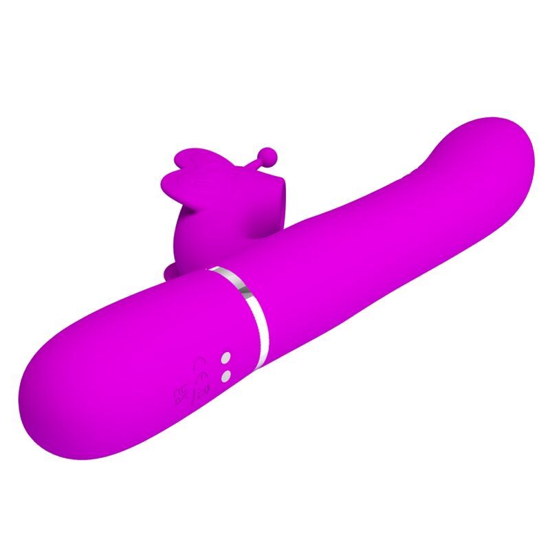 Lila Vibrator mit Hasenohren und zwei Kugeln am Kopf. Glatter Schaft mit silbernem Ring am Griff.
