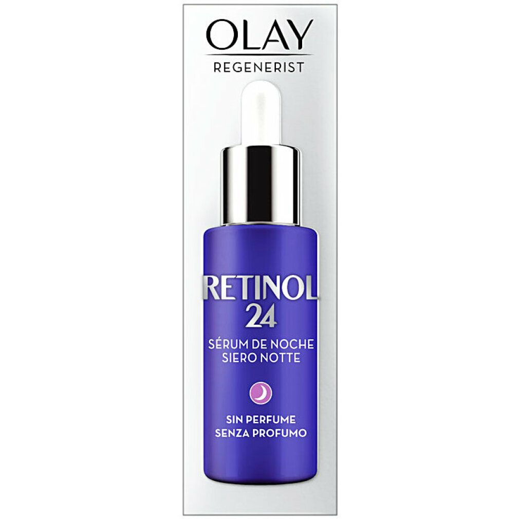 Violette Serumflasche mit silbernem Verschluss und Pipette. Oben steht Olay Regenerist, darunter Retinol 24. Aufschrift: Sérum de Noche, Siero Notte.