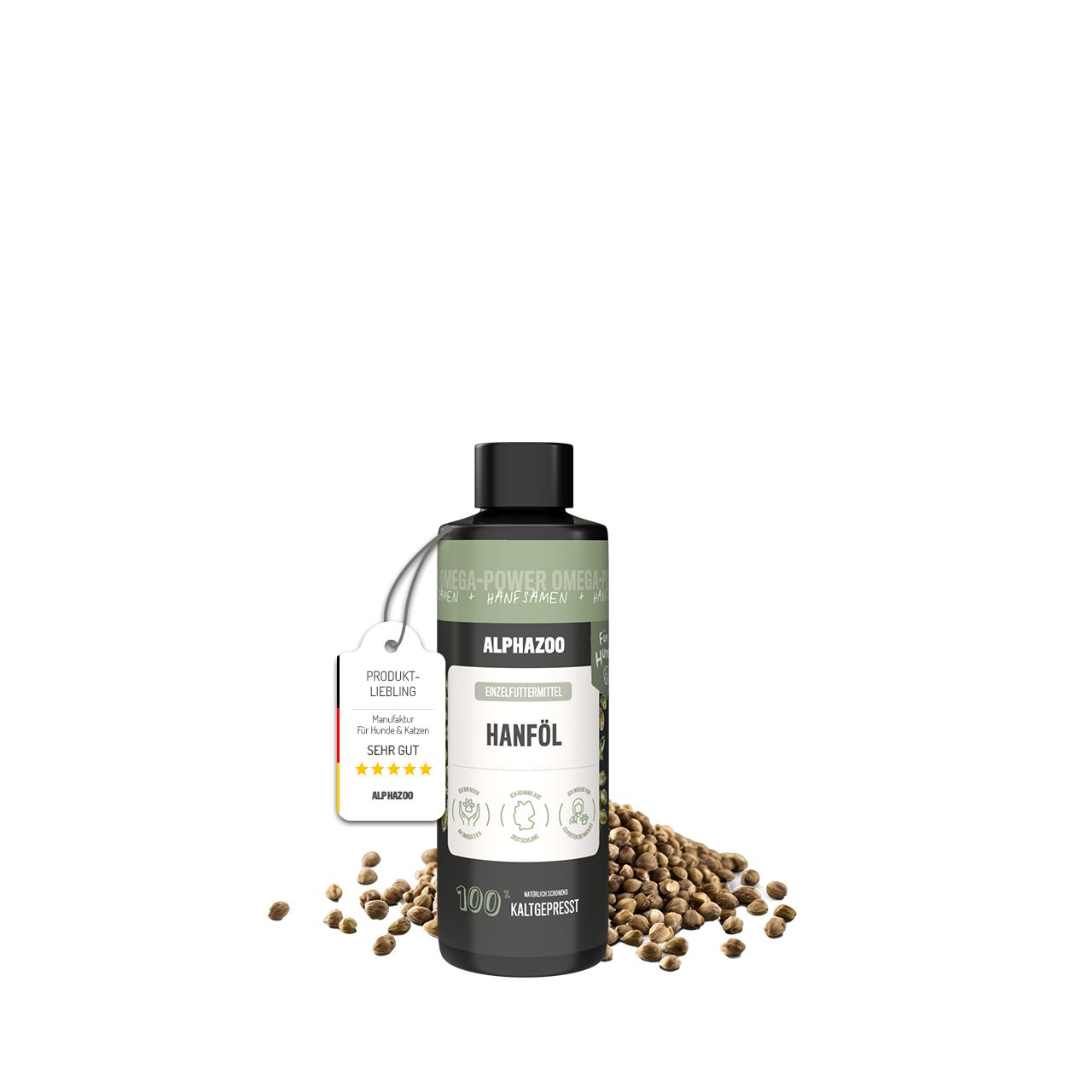 Schwarze Flasche mit Etikett, Hanföl-Produkt. Produkt-Liebling-Auszeichnung. Braune Hanfsamen daneben.