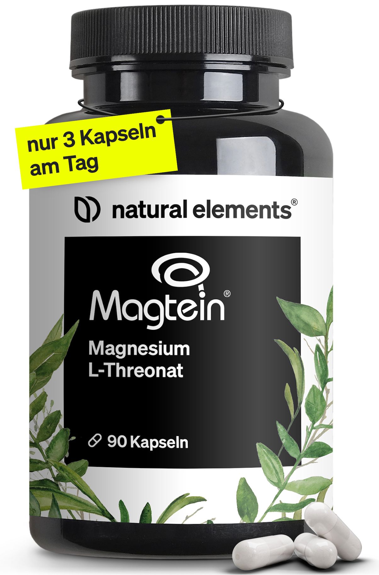 Flasche Magnesium L-Threonat (Magtein) mit 90 Kapseln und Hinweisen zur Dosierung.