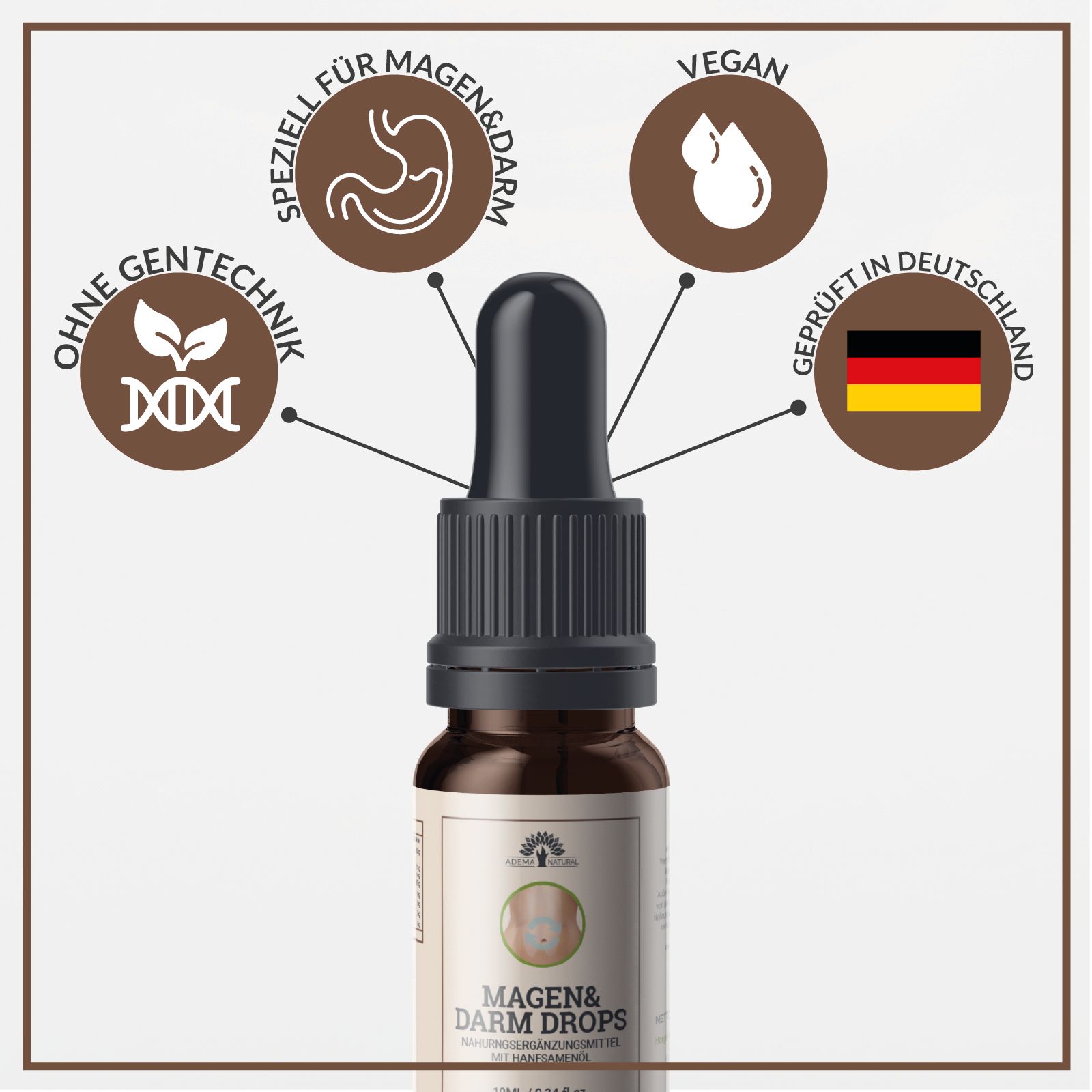 Braune Flasche mit Tropfer, umgeben von Symbolen: Vegan, Ohne Gentechnik, Geprüft in Deutschland.