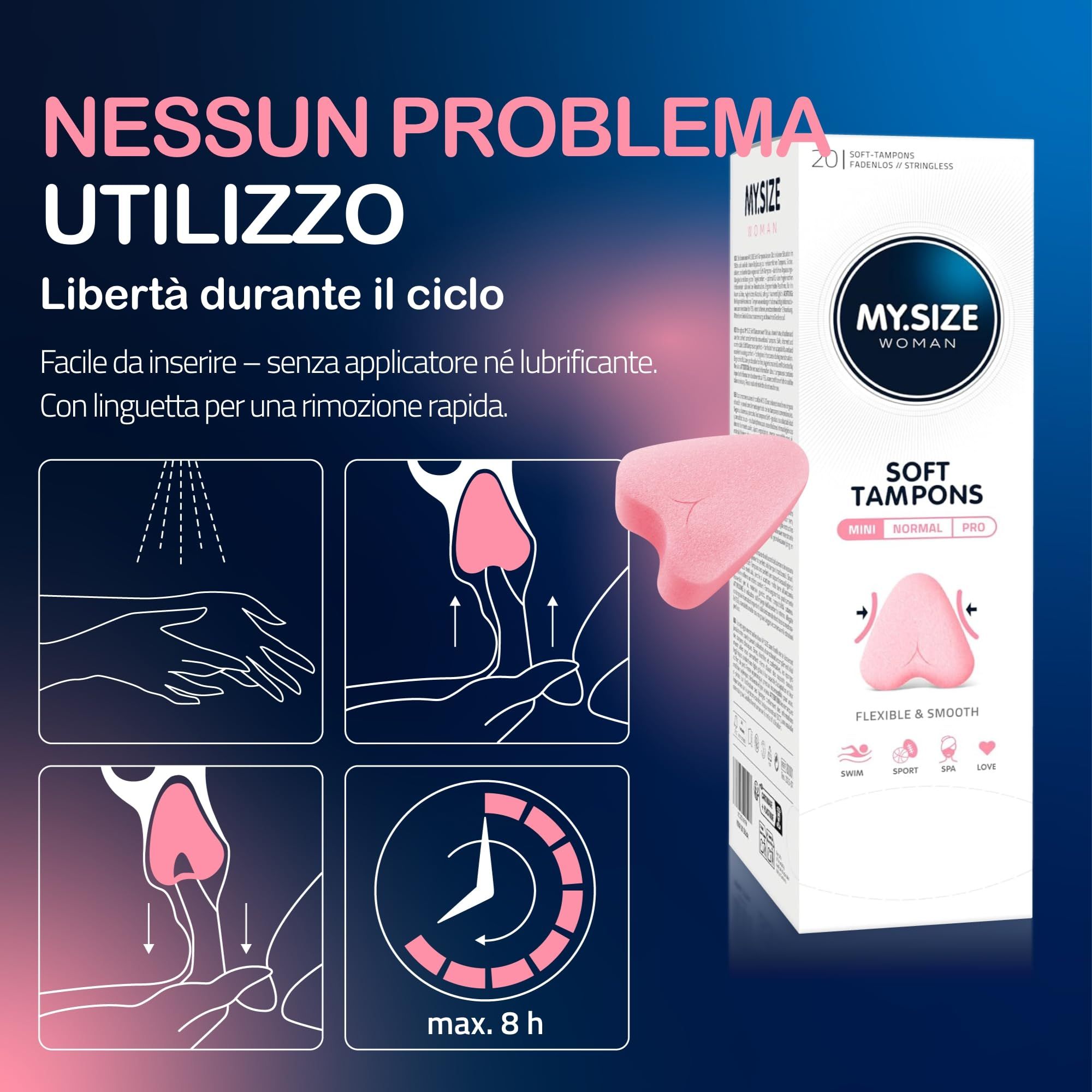 Anwendungshinweise für MY.SIZE Woman Soft Tampons Mini. Illustrationen zeigen Einführen, Entfernen und Tragezeit.