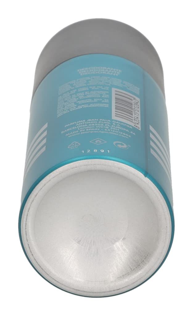 Unterseite einer türkisfarbenen Deodorant-Sprühflasche. Text: DEODORANTE, PARFUMS JEAN PAUL GAULTIER.