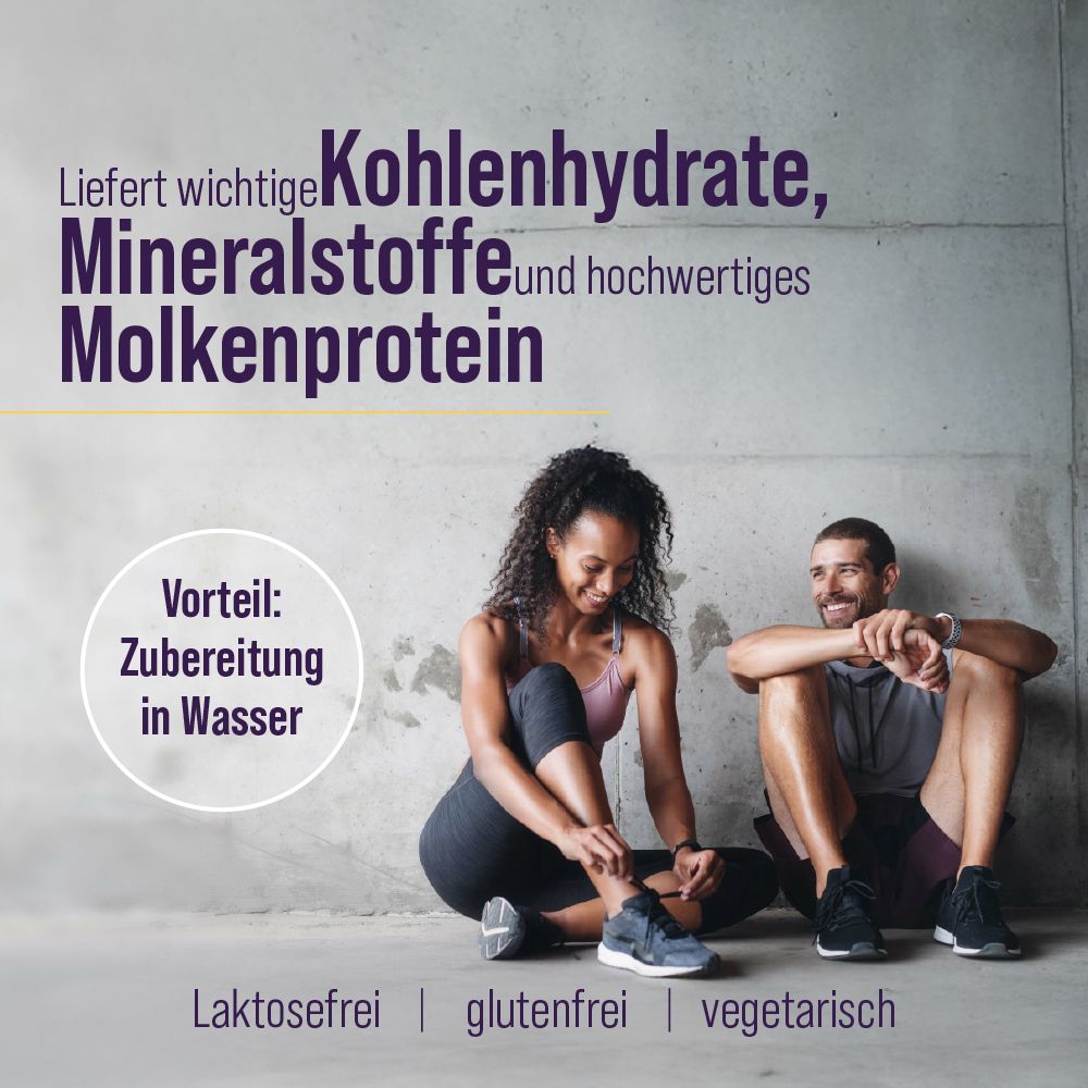 Sportlerpaar. Text: Liefert Kohlenhydrate, Mineralstoffe und Molkenprotein. Vorteil: Zubereitung in Wasser. Laktosefrei, glutenfrei, vegetarisch.
