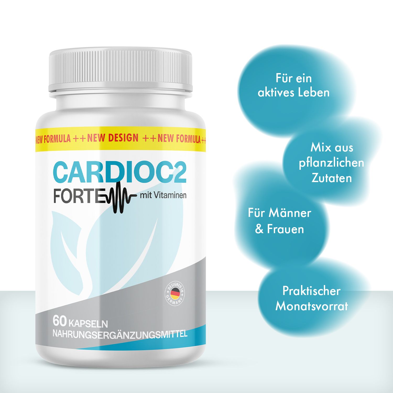 Weiße Flasche mit gelbem Etikett. Aufschrift: CardioC2 Forte mit Vitaminen. 60 Kapseln. Zusätzliche Texte: Für ein aktives Leben, pflanzliche Zutaten.