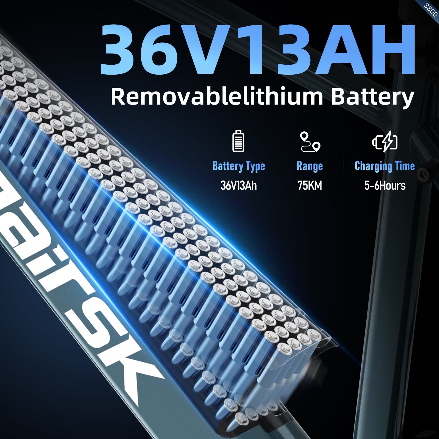 Grafik: 36V13Ah-Batterie, herausnehmbar. Reichweite 75 km, Ladezeit 5-6 Stunden.