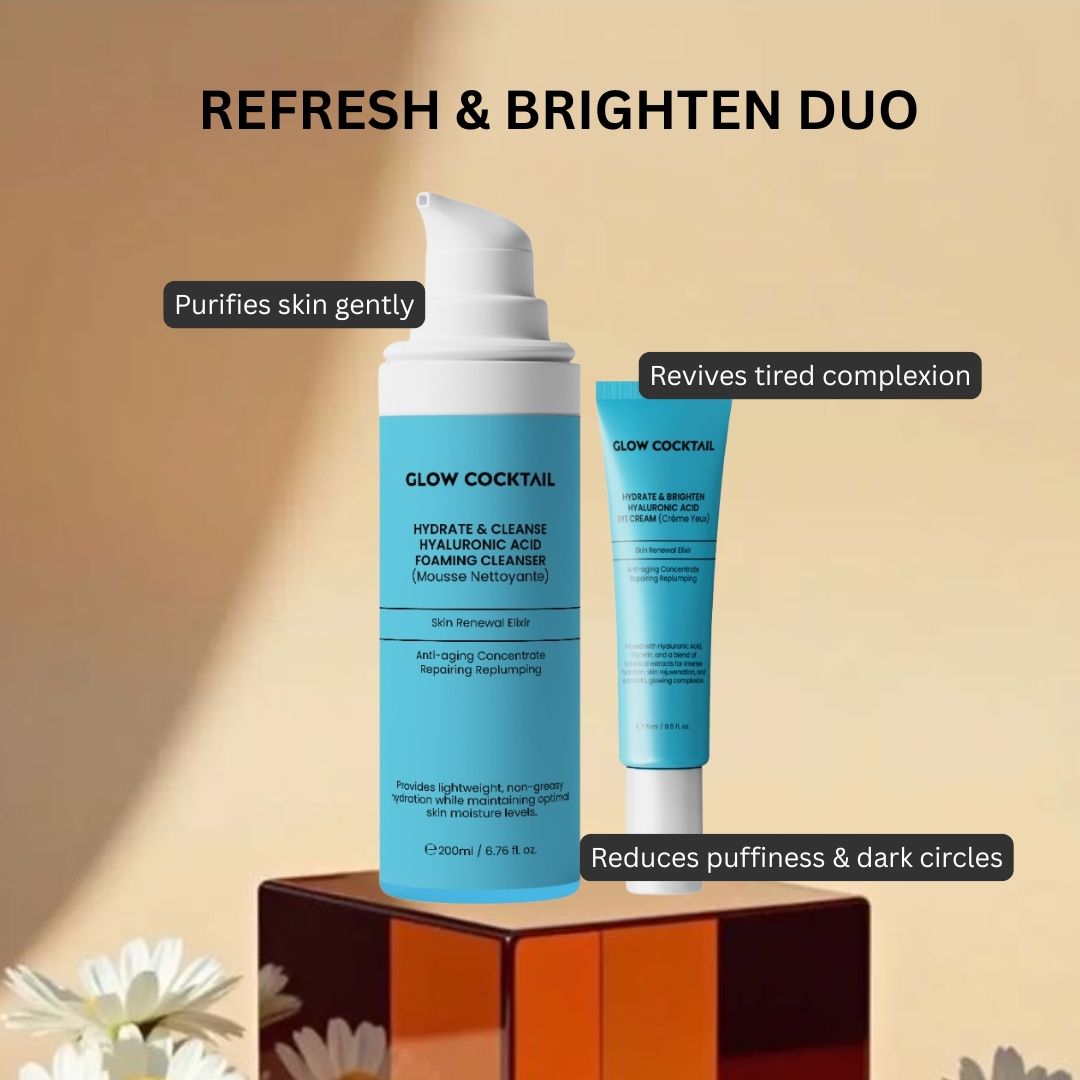 Glow Cocktail Reiniger und Augencreme auf Podest. Text: Refresh & Brighten Duo. Beschriftungen: Purifies skin gently, Revives tired complexion.