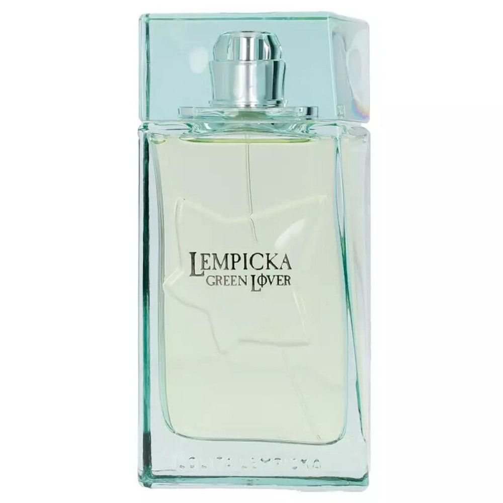 Rechteckiger Flakon mit grünem Duft. Aufschrift: Lempicka Green Lover. Transparenter Verschluss.