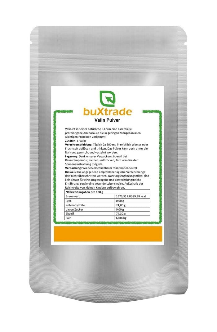 Beutel mit weißem Hintergrund. Aufdruck mit Produktinformationen. Aufschrift: buXtrade Valin Pulver. Grüne und orangefarbene Akzente.