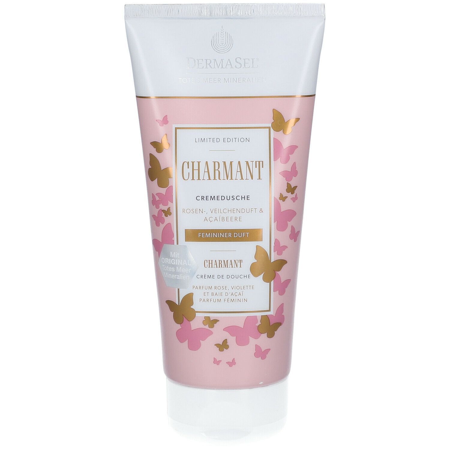 Tube mit rosa Hintergrund, goldfarbenen Schmetterlingen und Schriftzug CHARMANT. Creme-Dusche, Limited Edition.