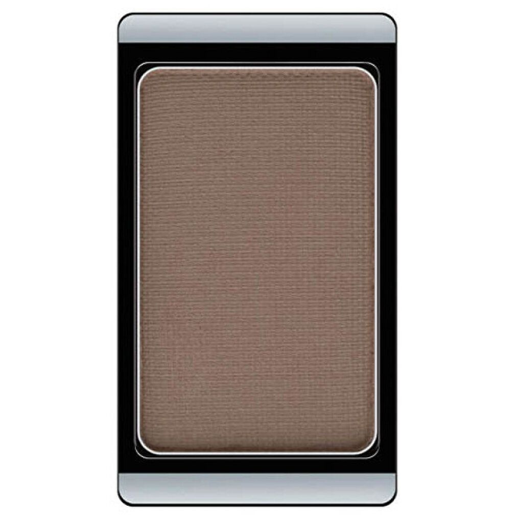 Brauenpuder in rechteckiger Dose. Farbe: Medium. Schwarzer Rahmen, silberne Umrandung. Puder in Braun-Grau.