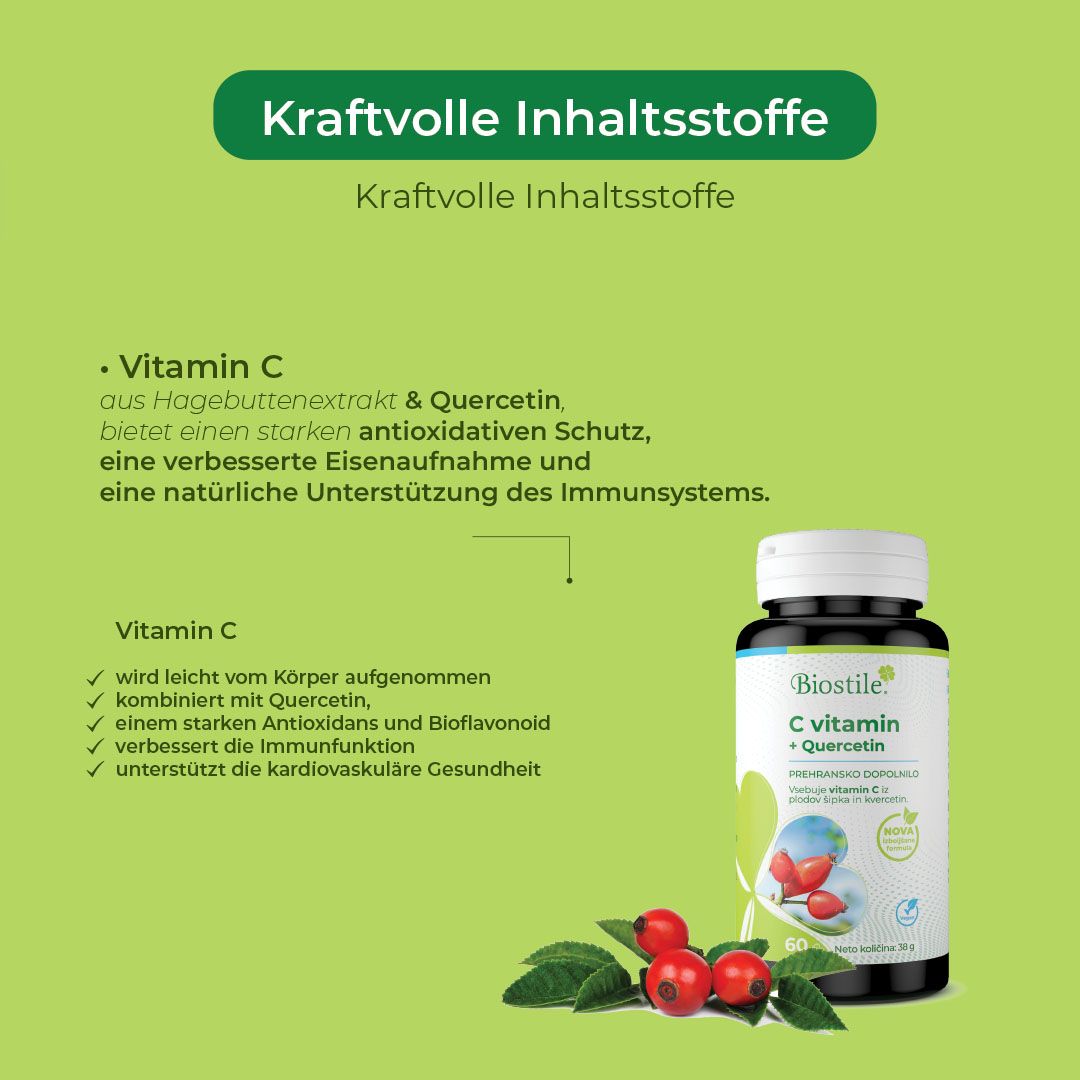 Flasche Biostile C vitamin + Quercetin. Aufschrift: C vitamin, 60 Kapseln. Text: Vitamin C aus Hagebuttenextrakt & Quercetin.