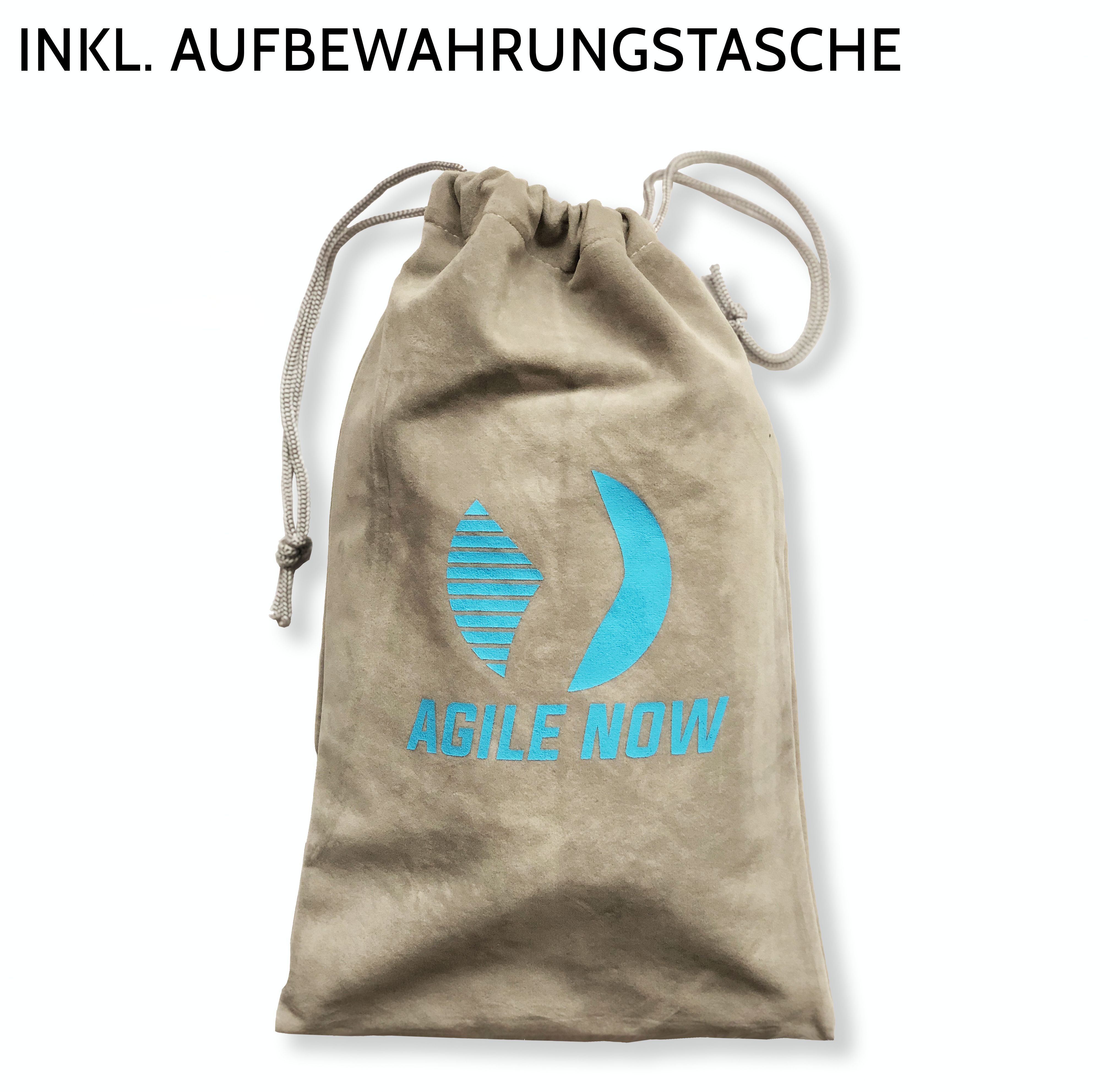 Beige Aufbewahrungstasche mit blauem Logo 'AGILE NOW'. Kordelzug zum Verschließen.