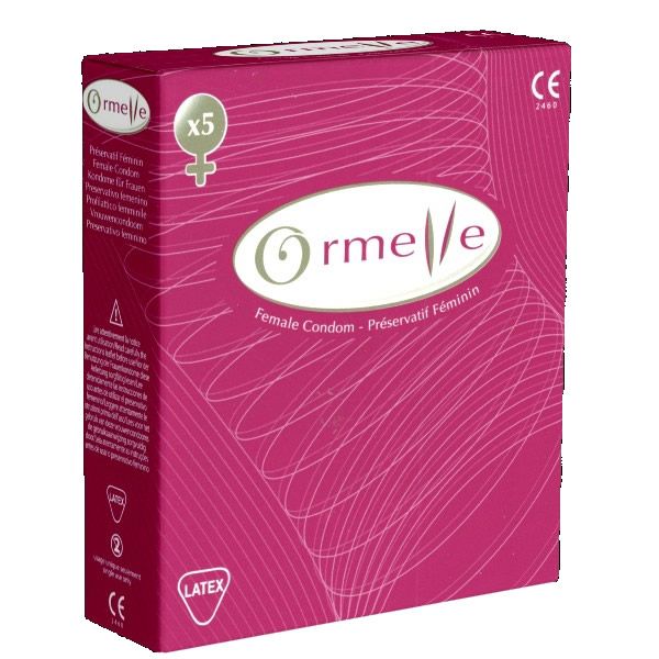 Rosa Verpackung mit Ormelle, Female Condom - Préservatif Féminin. Enthält 5 Kondome, Latex-Symbol und CE-Kennzeichnung.