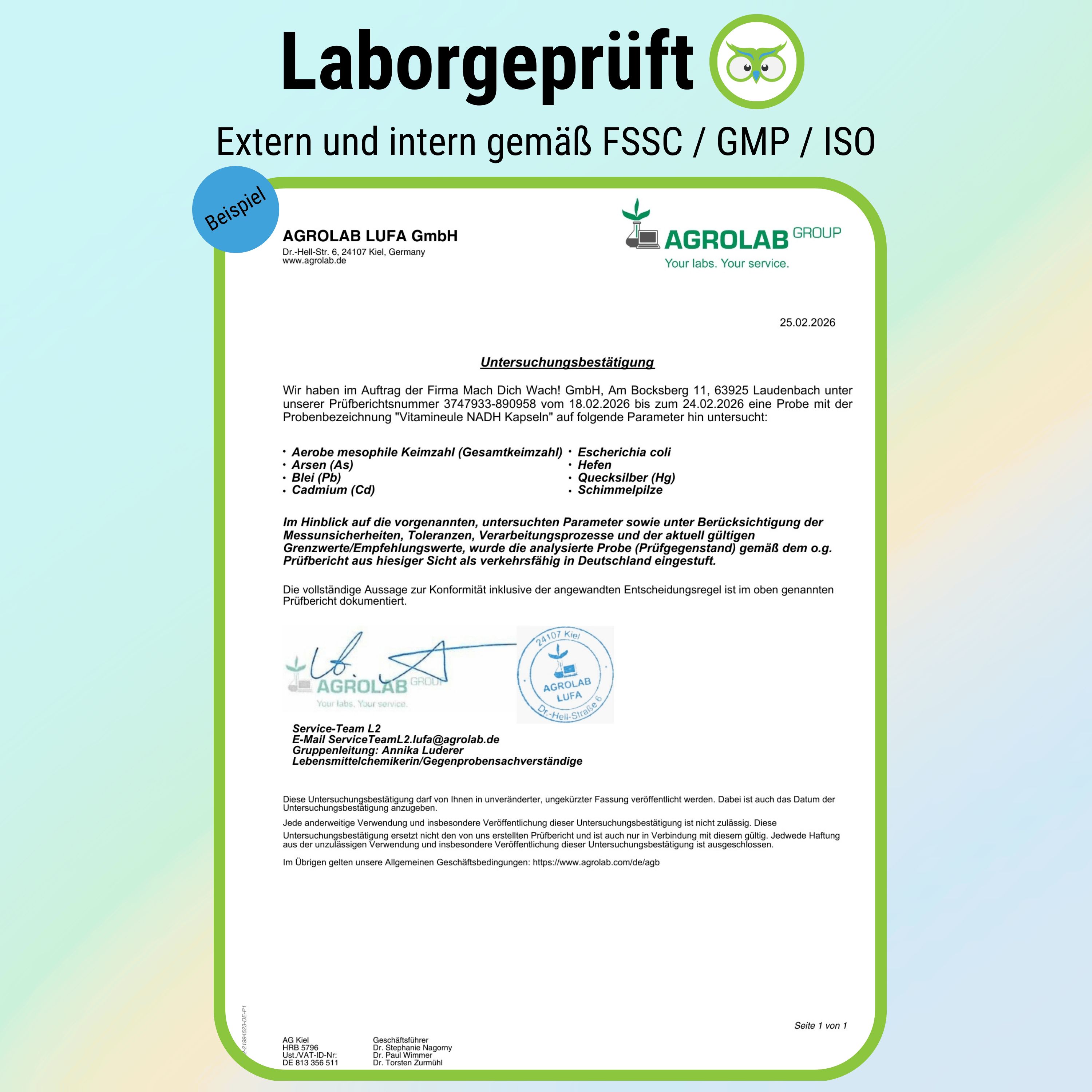 Laborgeprüft-Zertifikat von AGROLAB LUFA GmbH. Untersucht auf Parameter wie Gesamtkeimzahl, E. coli, etc. Stempel und Unterschriften.