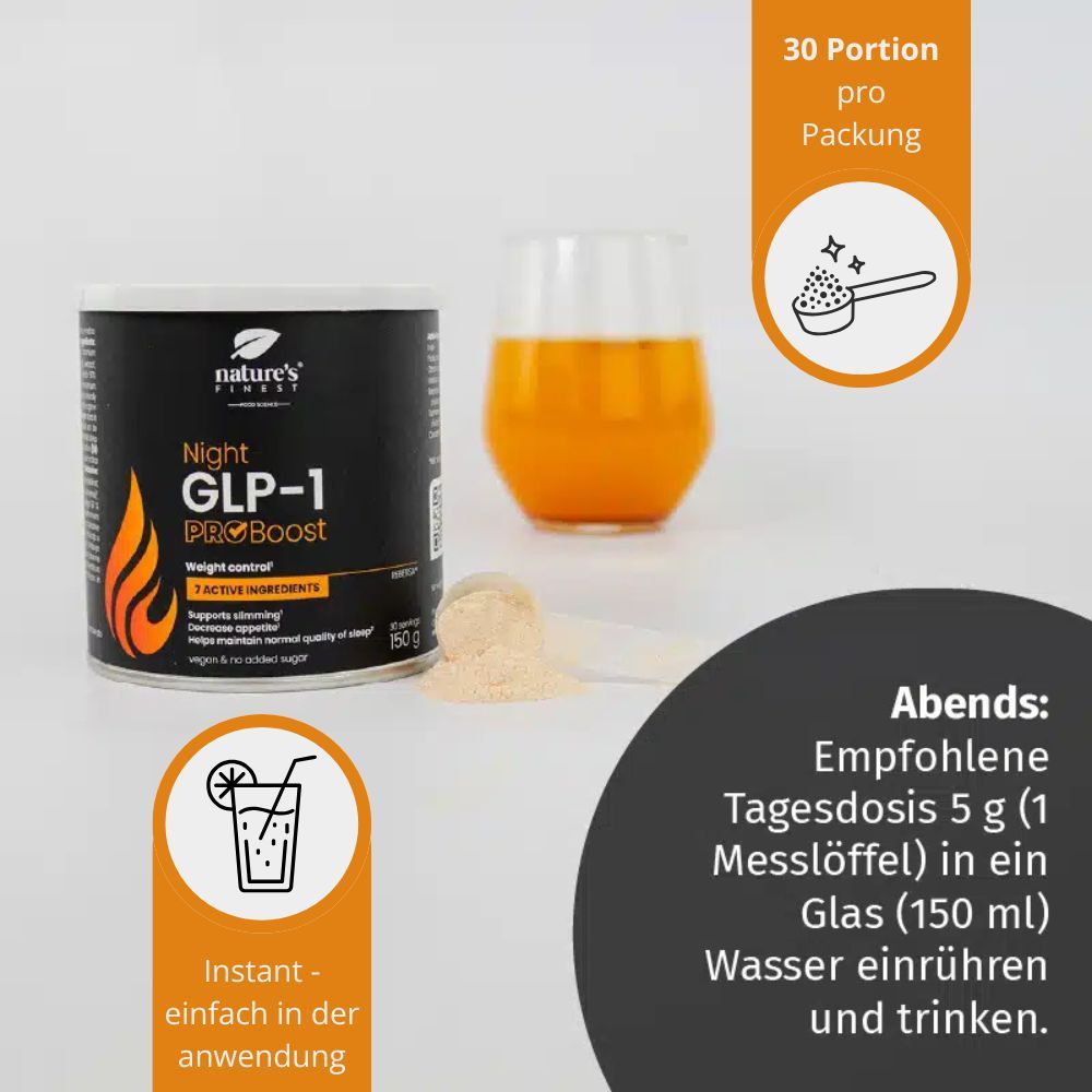 Nature's Finest Night GLP-1 ProBoost Dose, Glas mit Getränk, Messlöffel. Text: Empfohlene Tagesdosis 5 g in 1 Glas (150 ml) Wasser.