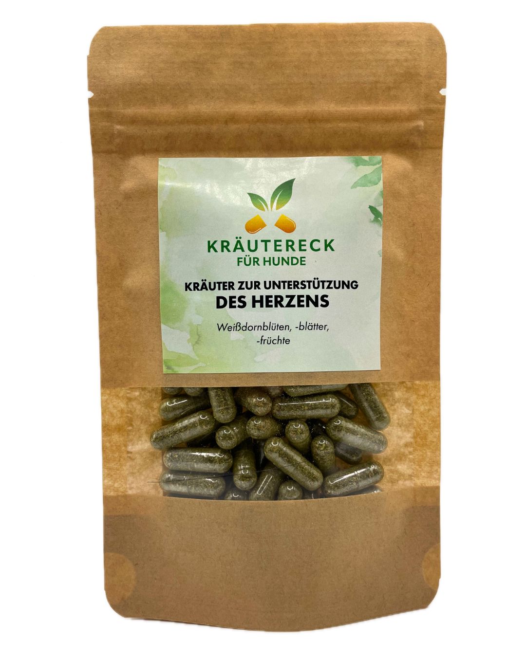 Braune Papiertüte mit Sichtfenster. Kräuterkapseln Herz Hund. Aufkleber mit Text und Logo. Kapseln im Fenster sichtbar.