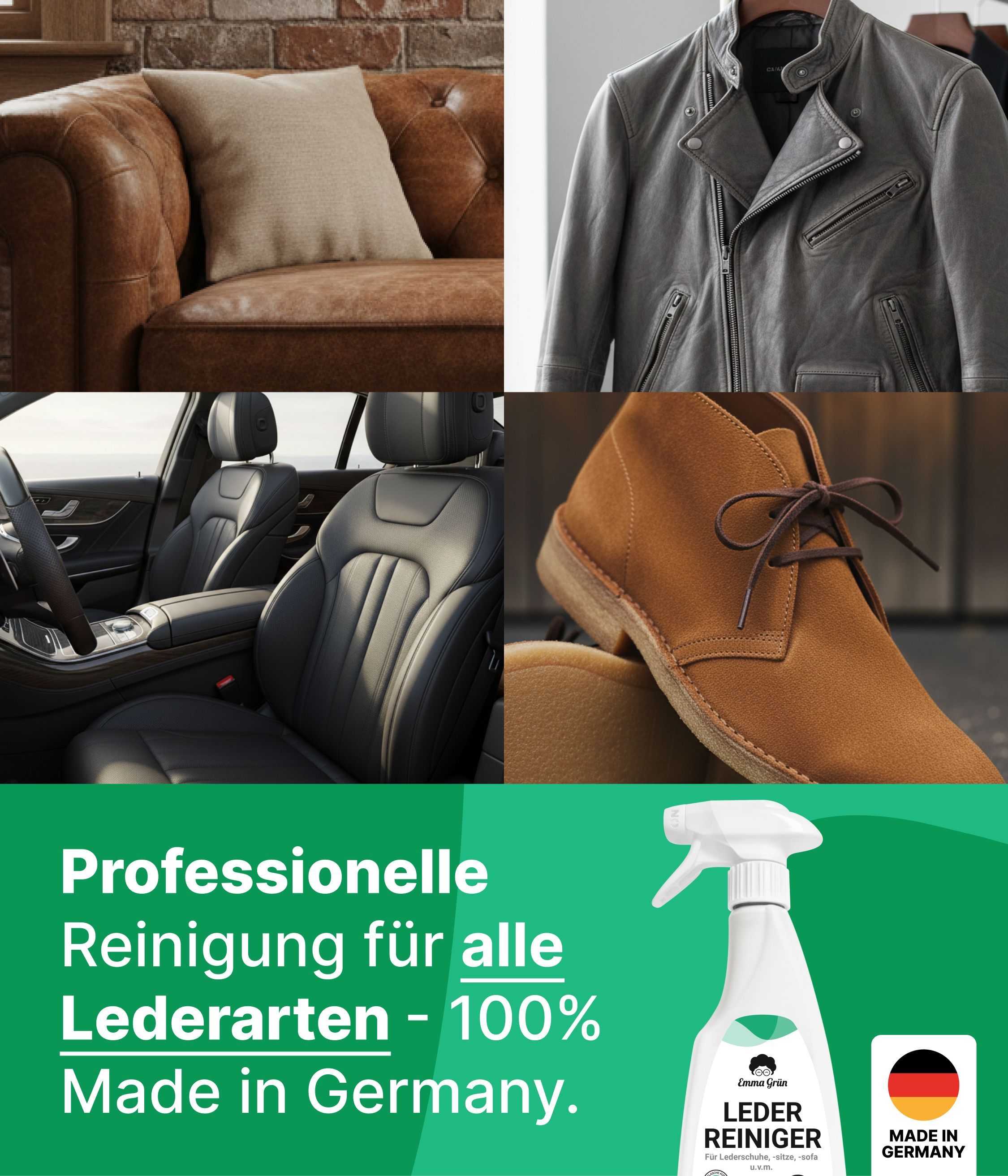 Produktabbildung. Lederreiniger, Lederwaren, Schuhe. Text: Professionelle Reinigung für alle Lederarten - 100% Made in Germany.