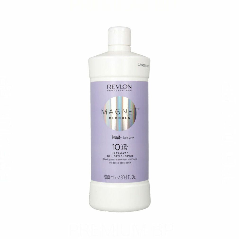 Flasche Revlon Magnet Blondes Developer 10 Vol. Violettes Etikett mit Produktnamen und Volumenangabe. 900 ml.