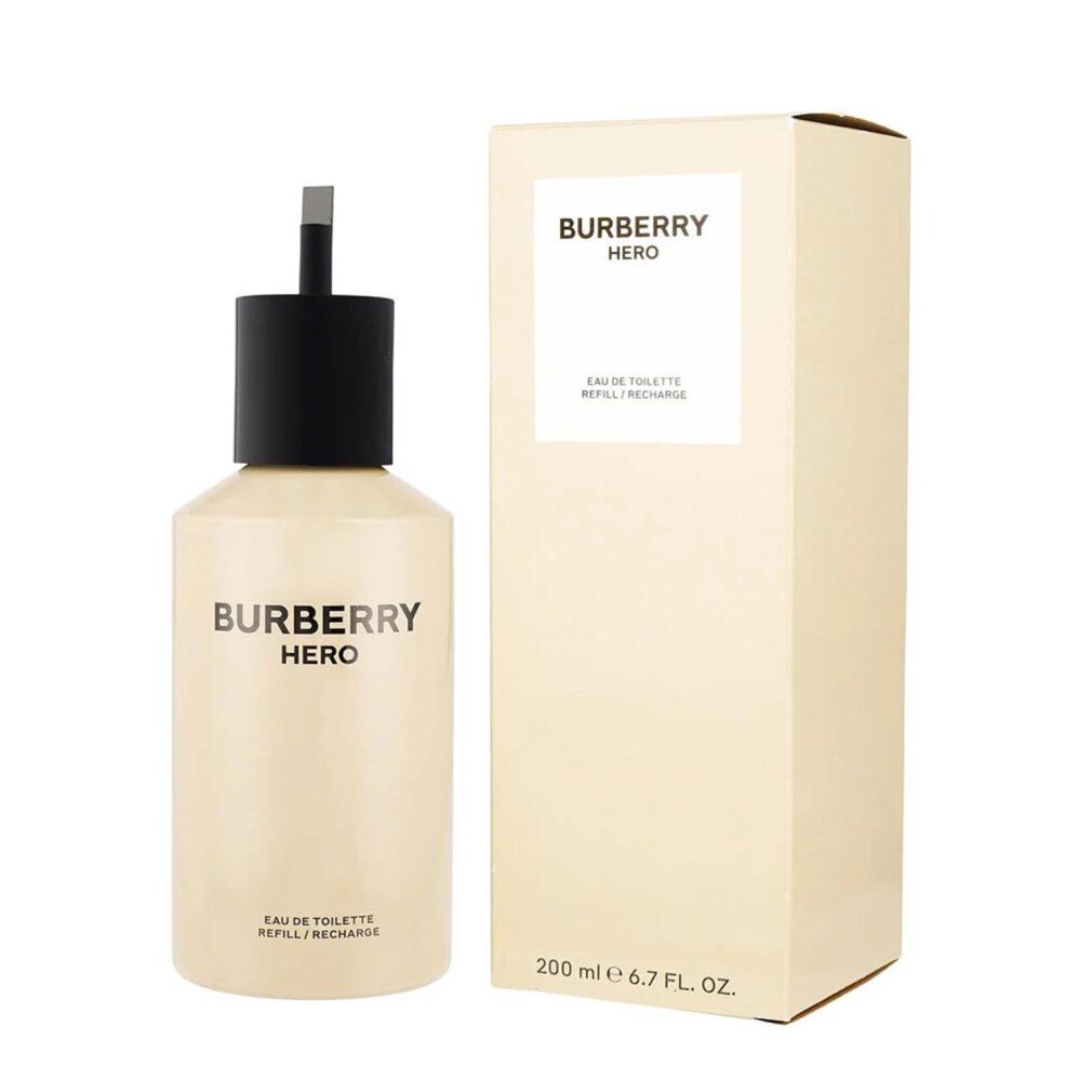 Beige Flakon und Verpackung. Aufschrift: BURBERRY HERO Eau de Toilette Nachfüllbar. 200 ml.