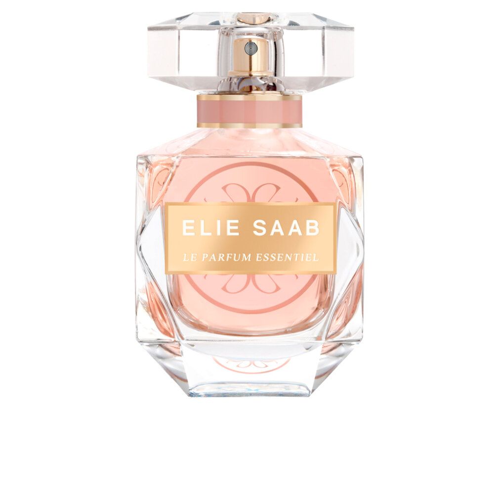 Parfümflakon mit rosa Flüssigkeit. Aufschrift: Elie Saab Le Parfum Essentiel. Transparenter Deckel.