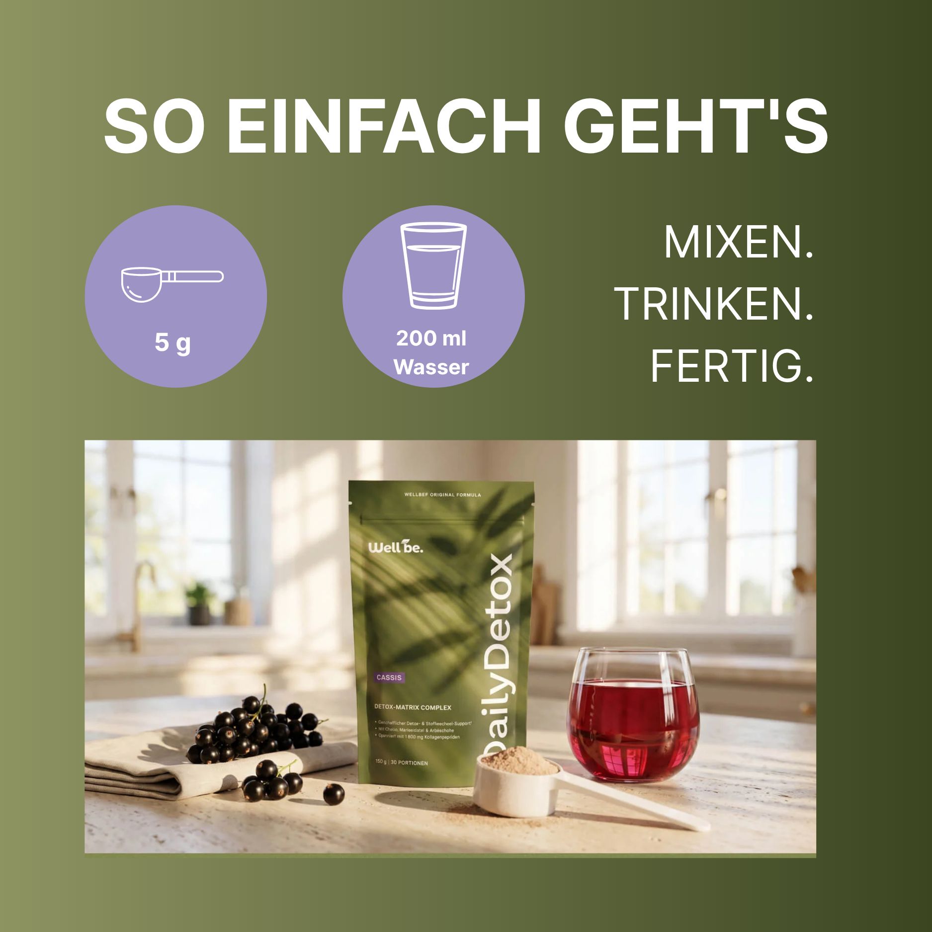 wellbe® Daily Detox Drink – mit Cholin, Mariendistel, Artischocke – Schwarze Johannisbeere