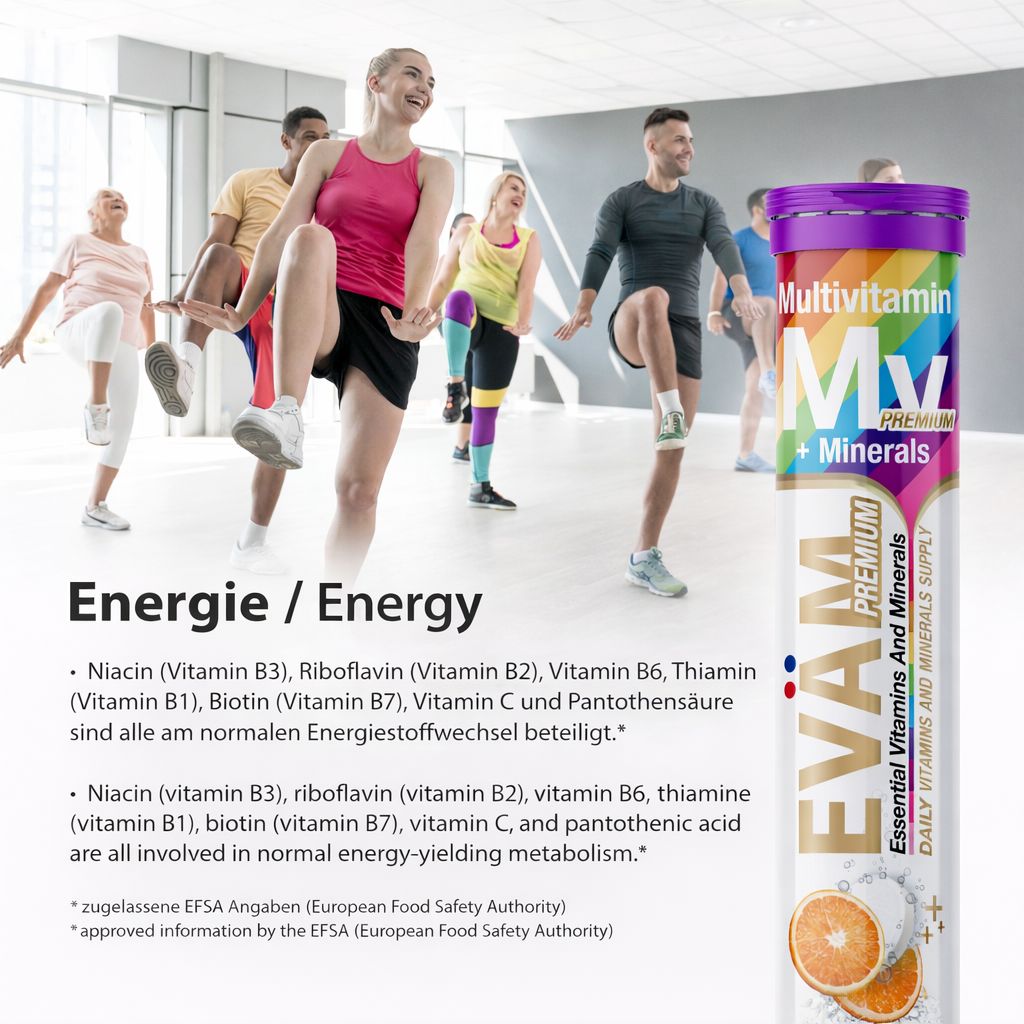 EVÄM Multivitamin + Mineralien Brausetablette neben einer Gruppe von Menschen, die Sport treiben. Text: Energie. Inhaltsstoffe.
