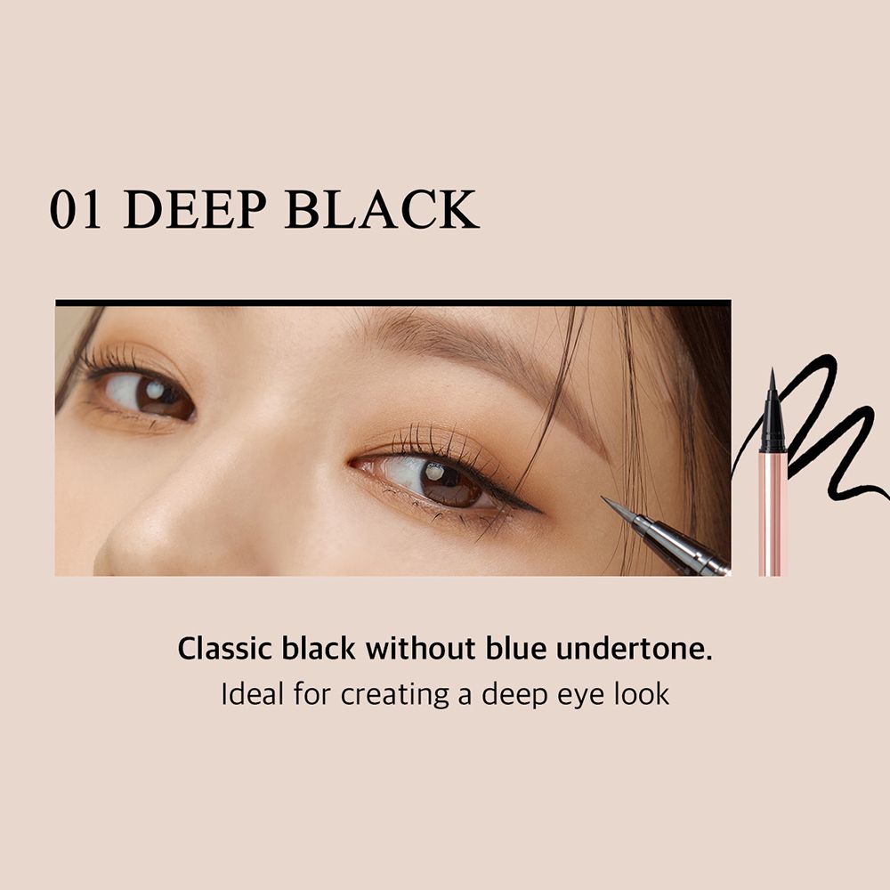 Nahaufnahme eines Auges mit aufgetragenem schwarzen Eyeliner. Daneben ein Eyeliner-Stift. Text: 01 Deep Black.